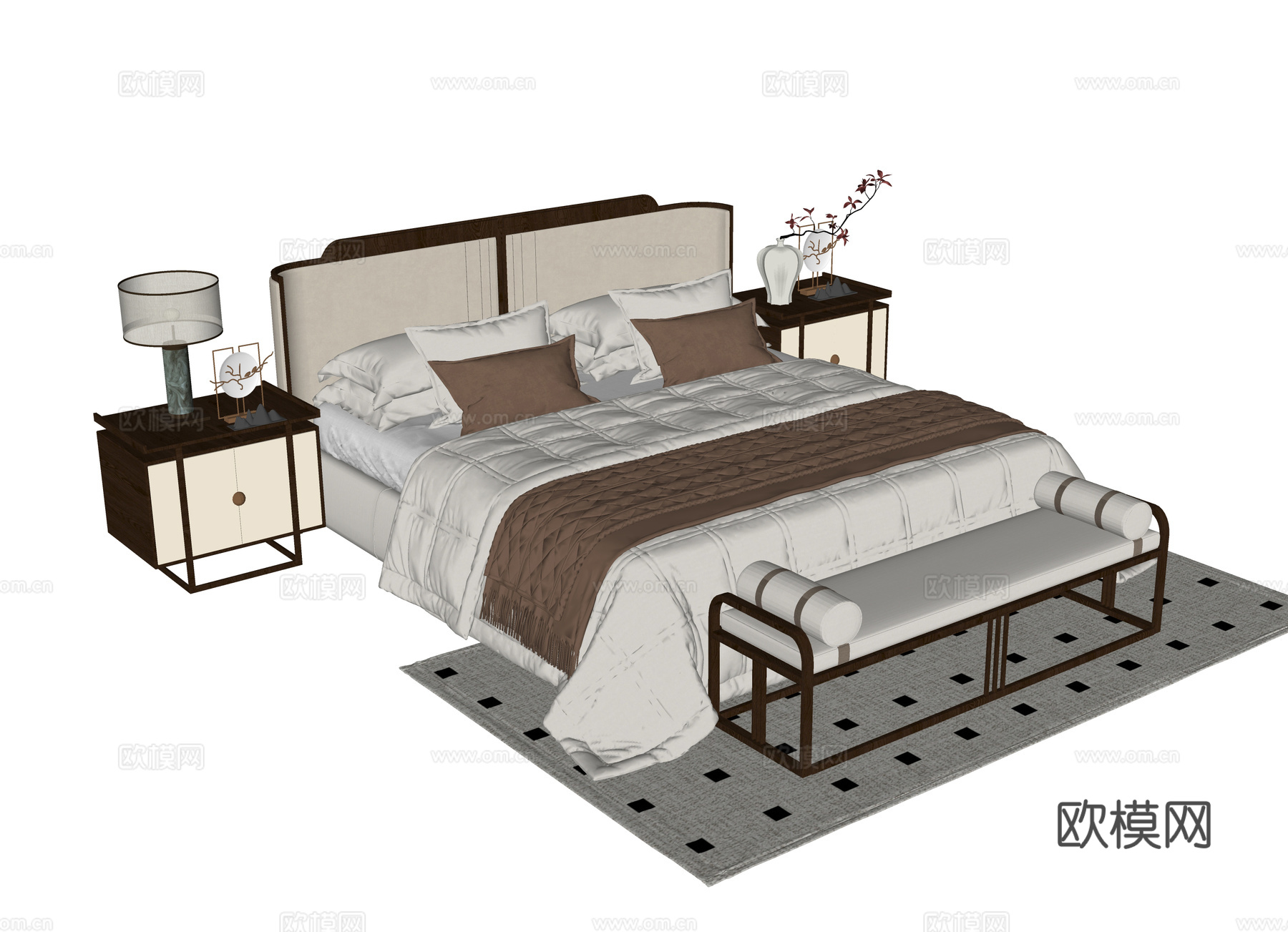 现代双人床 床尾凳 床头柜su模型