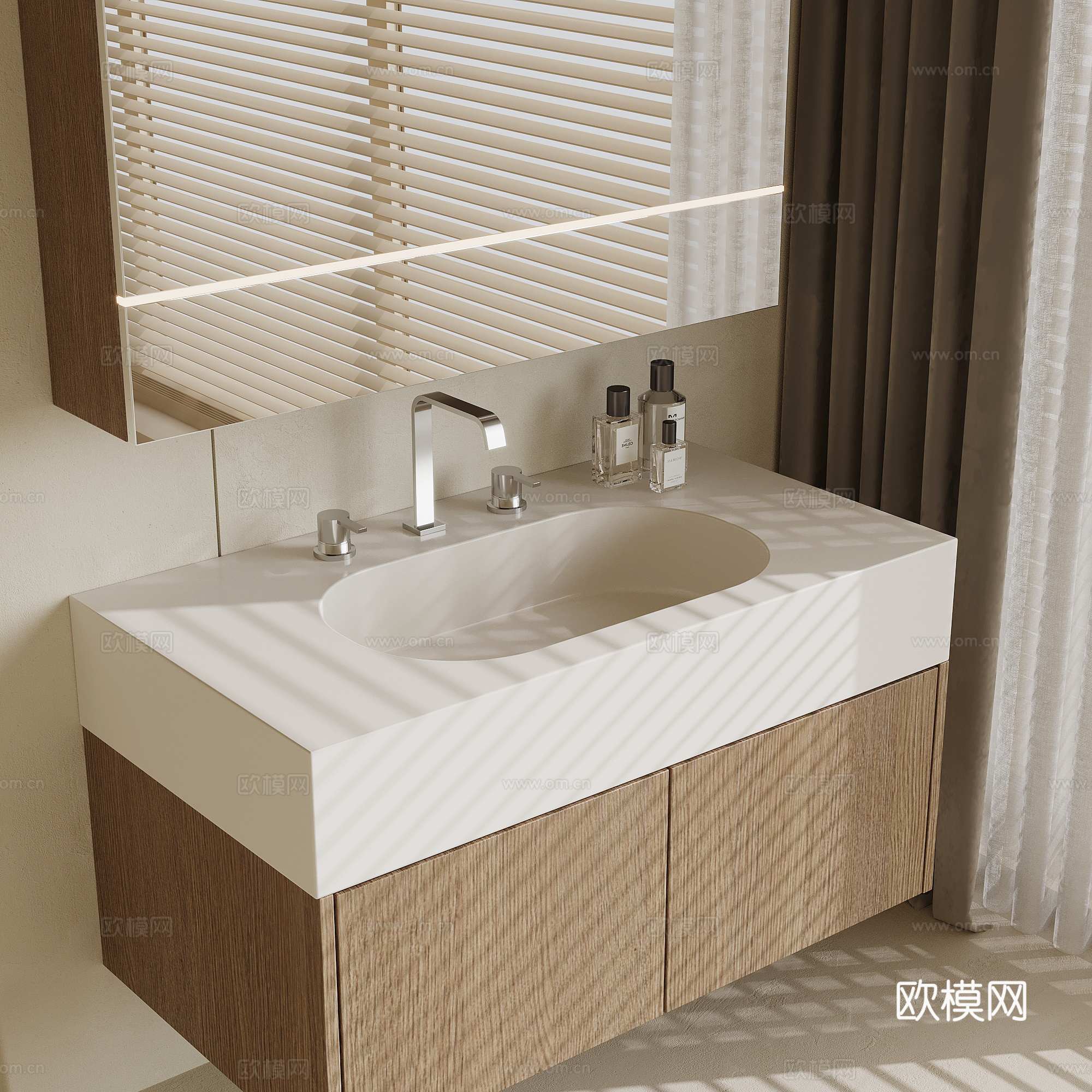 现代奶油风浴室柜 洗手台 镜子su模型