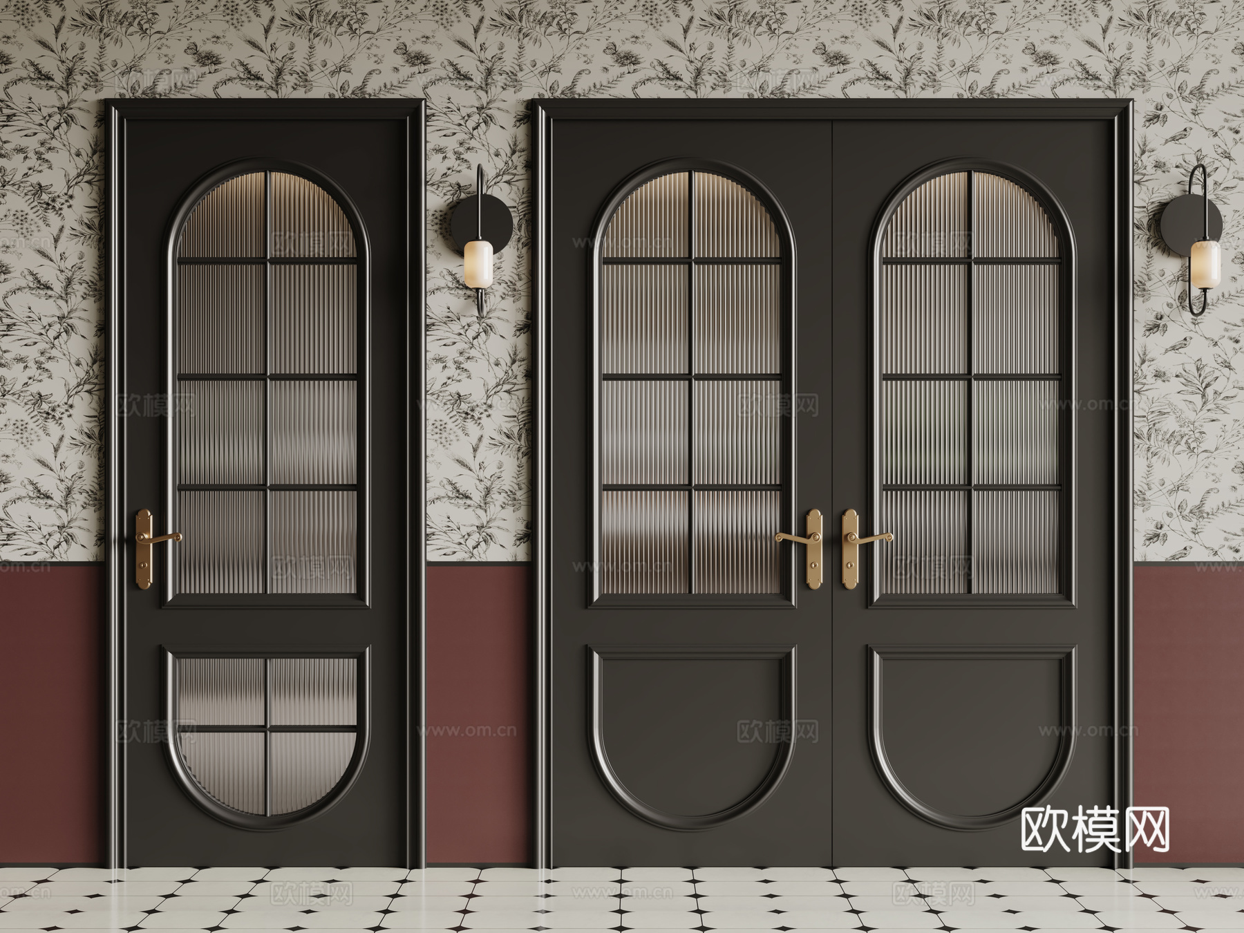 法式复古双开门 单开门 长虹玻璃门 防盗门 平开门su模型