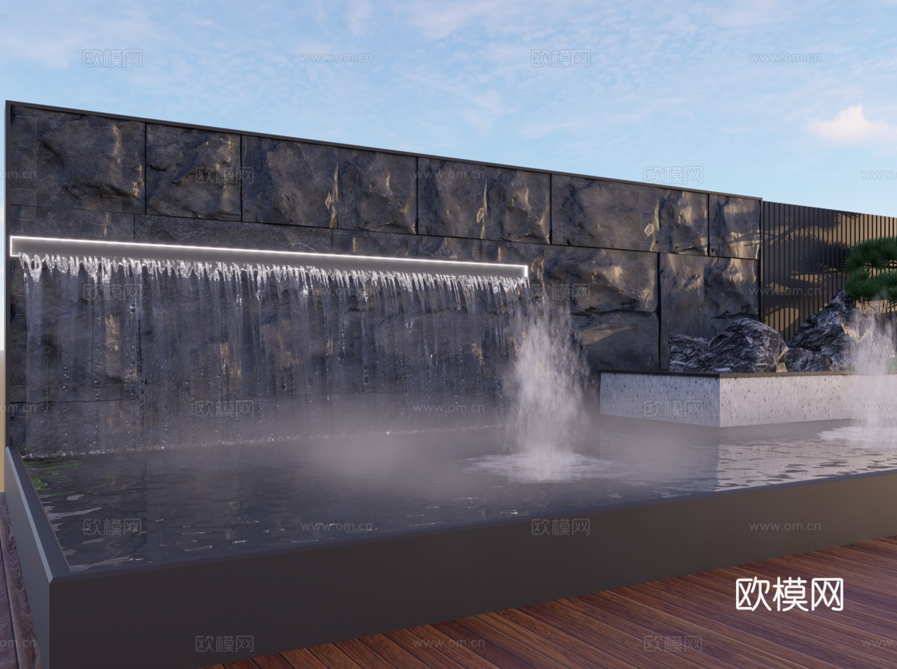新中式流水景墙别墅后院装饰su模型