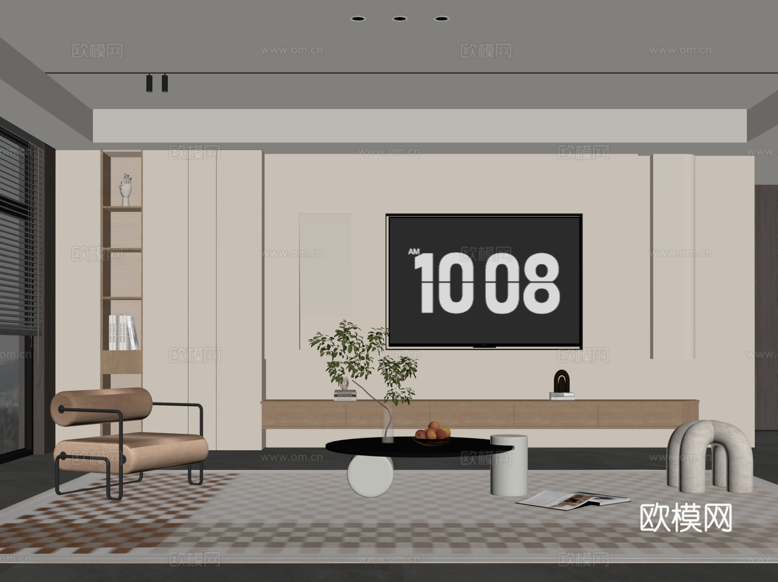 现代奶油风客厅 电视背景墙 沙发茶几组合su模型
