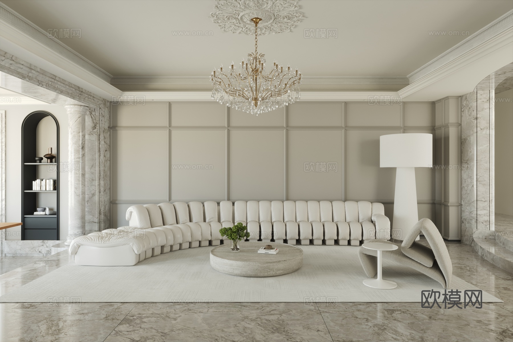 法式客厅 欧式客厅 简欧客厅 毛毛虫沙发 洞石茶几 大影灯3d模型下载（渲染图3）