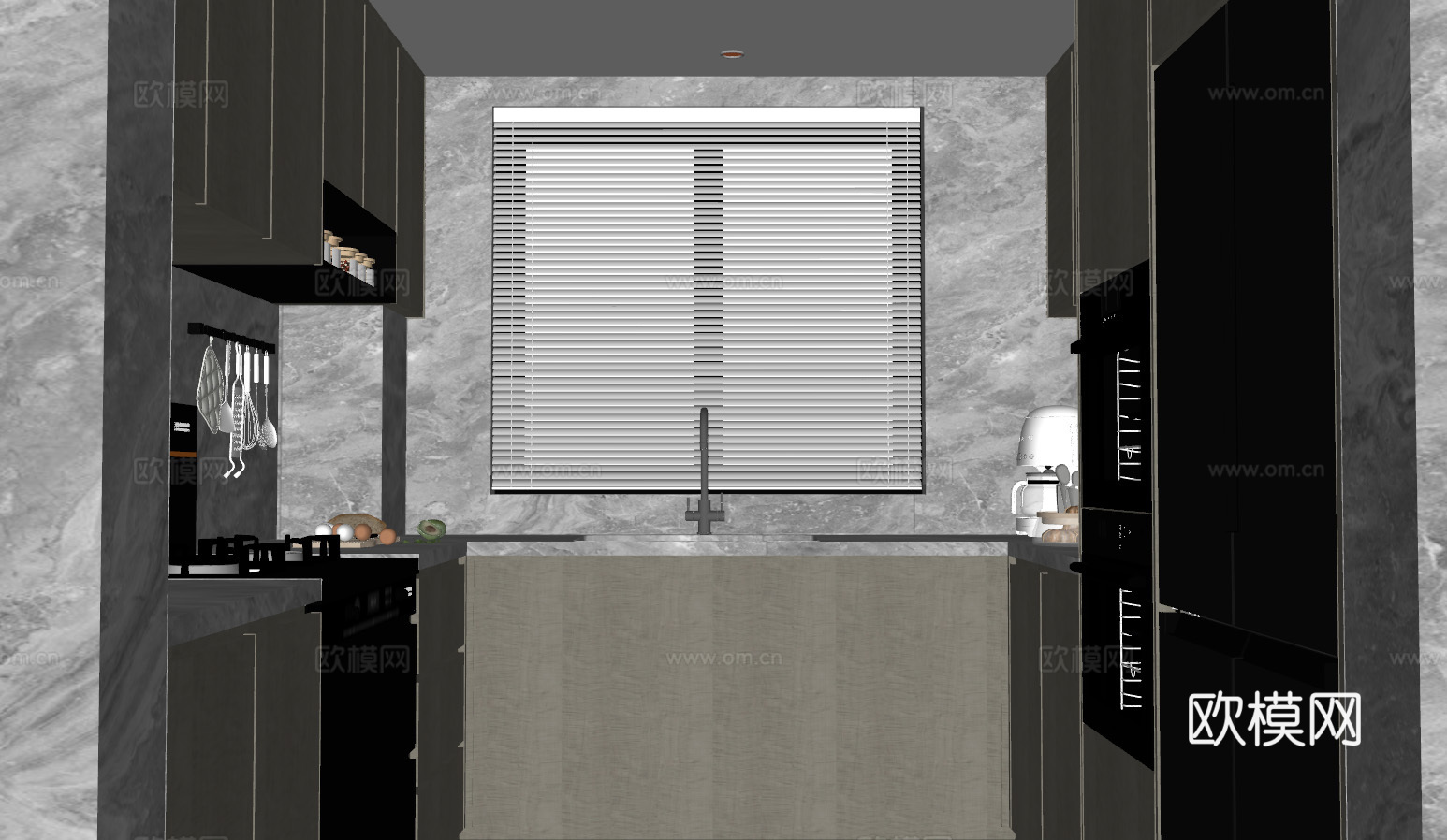 现代中古海派厨房su模型