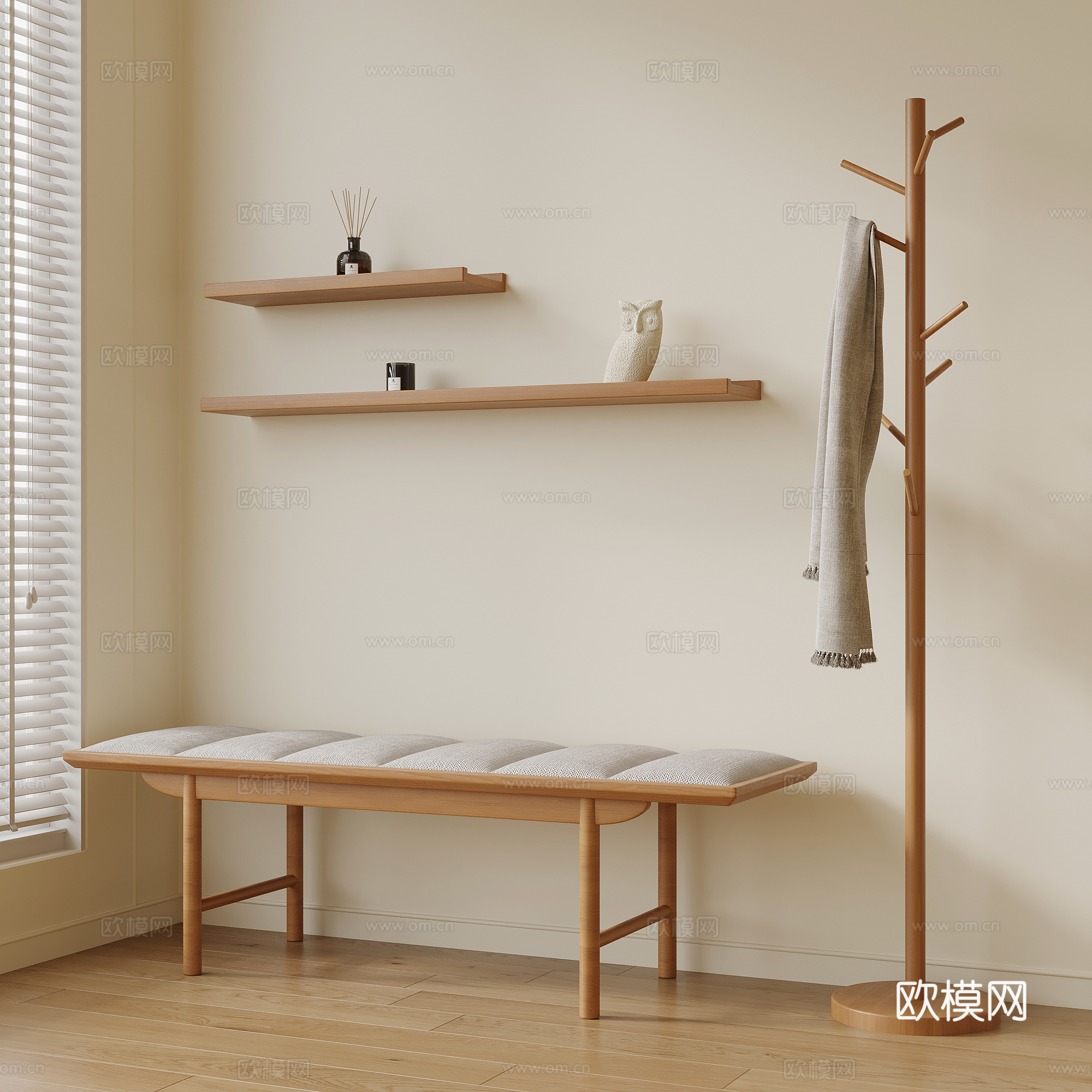 侘寂中古风换鞋凳 衣架3d模型