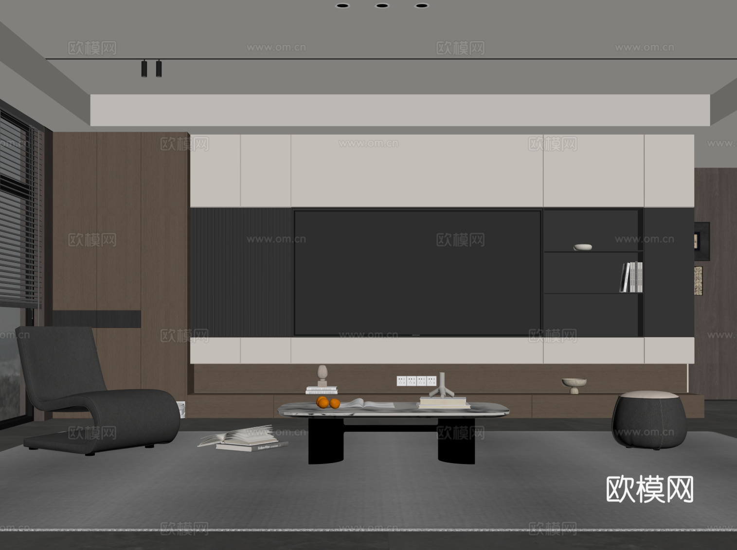 现代意式客厅 电视背景墙 沙发茶几组合su模型