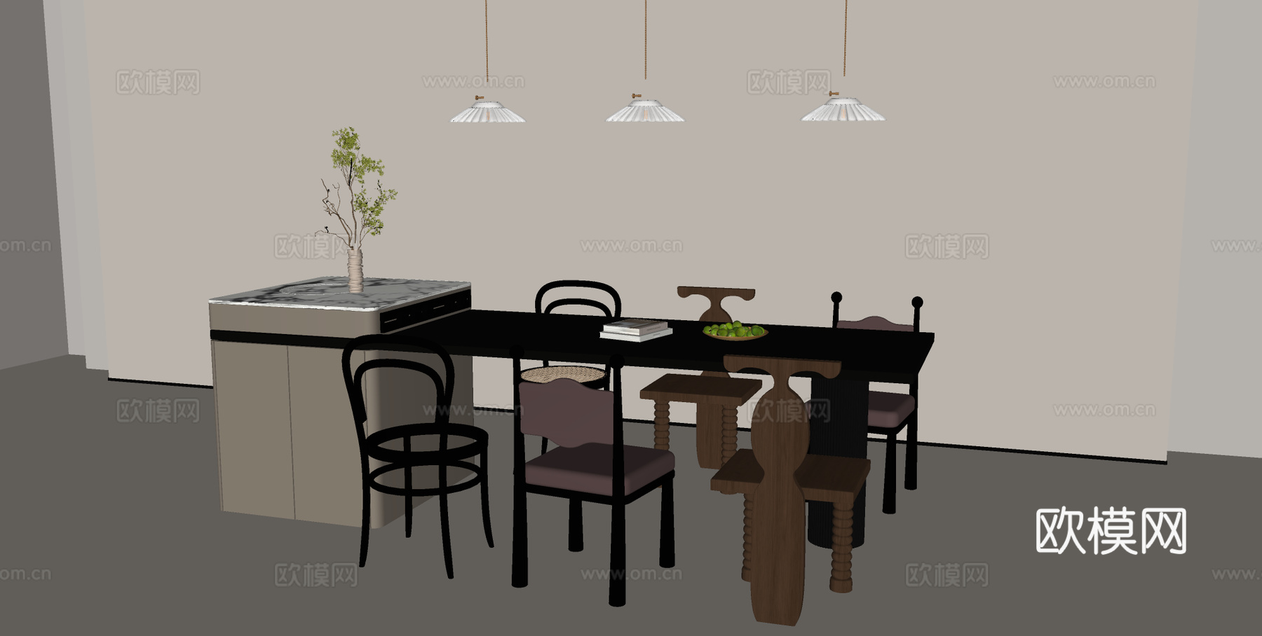 法式中岛餐桌椅 餐桌椅组合su模型