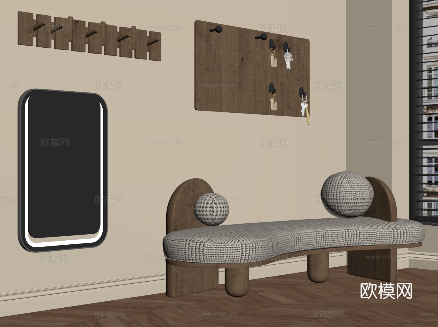 现代中古风换鞋凳 挂钩 洞洞板 镜子su模型