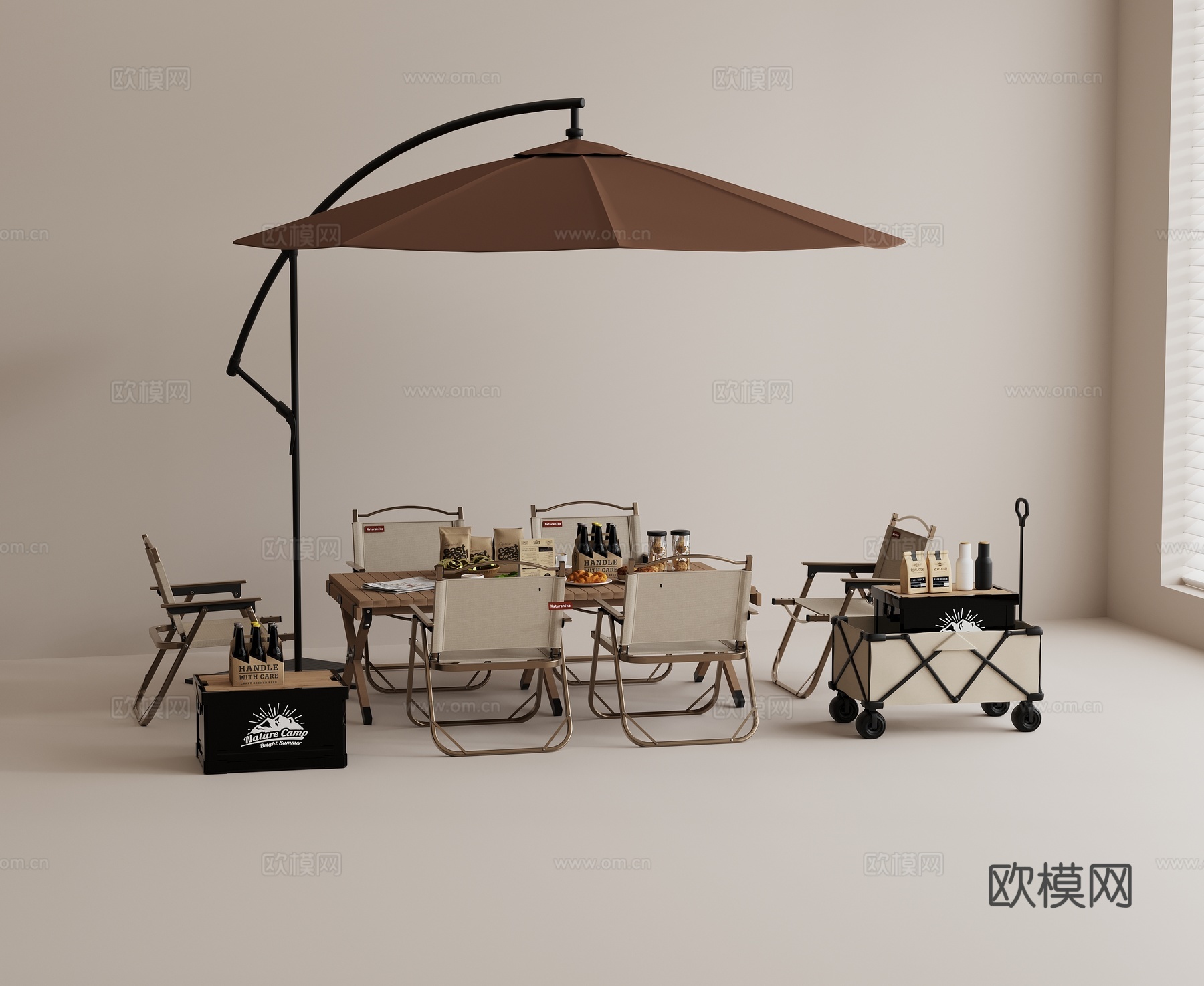 现代户外桌椅组合 露营桌椅组合 折叠桌椅组合 露营伞 手推车su模型