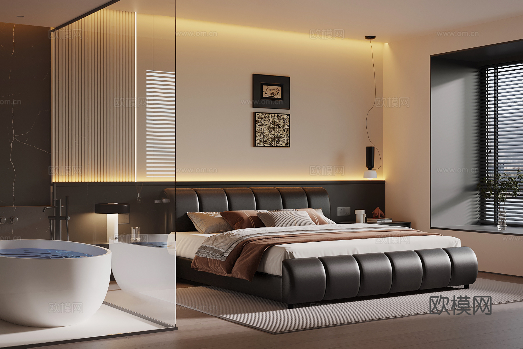 现代意式卧室 双人床su模型