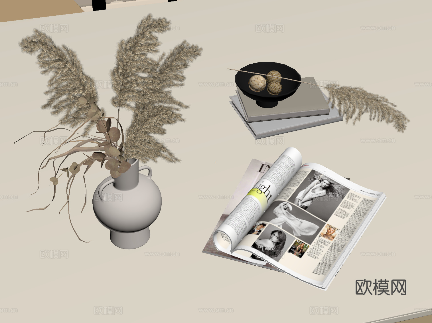 现代摆件组合 花瓶 书su模型