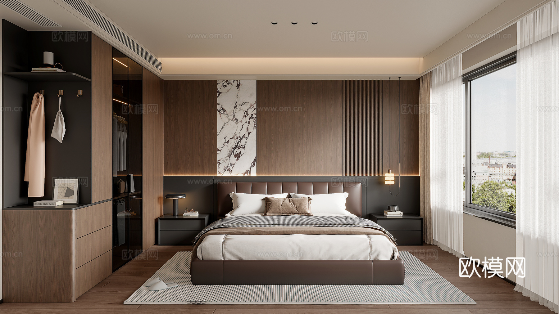 现代意式家居卧室 卧室衣柜  床头背景墙   意式双人床su模型