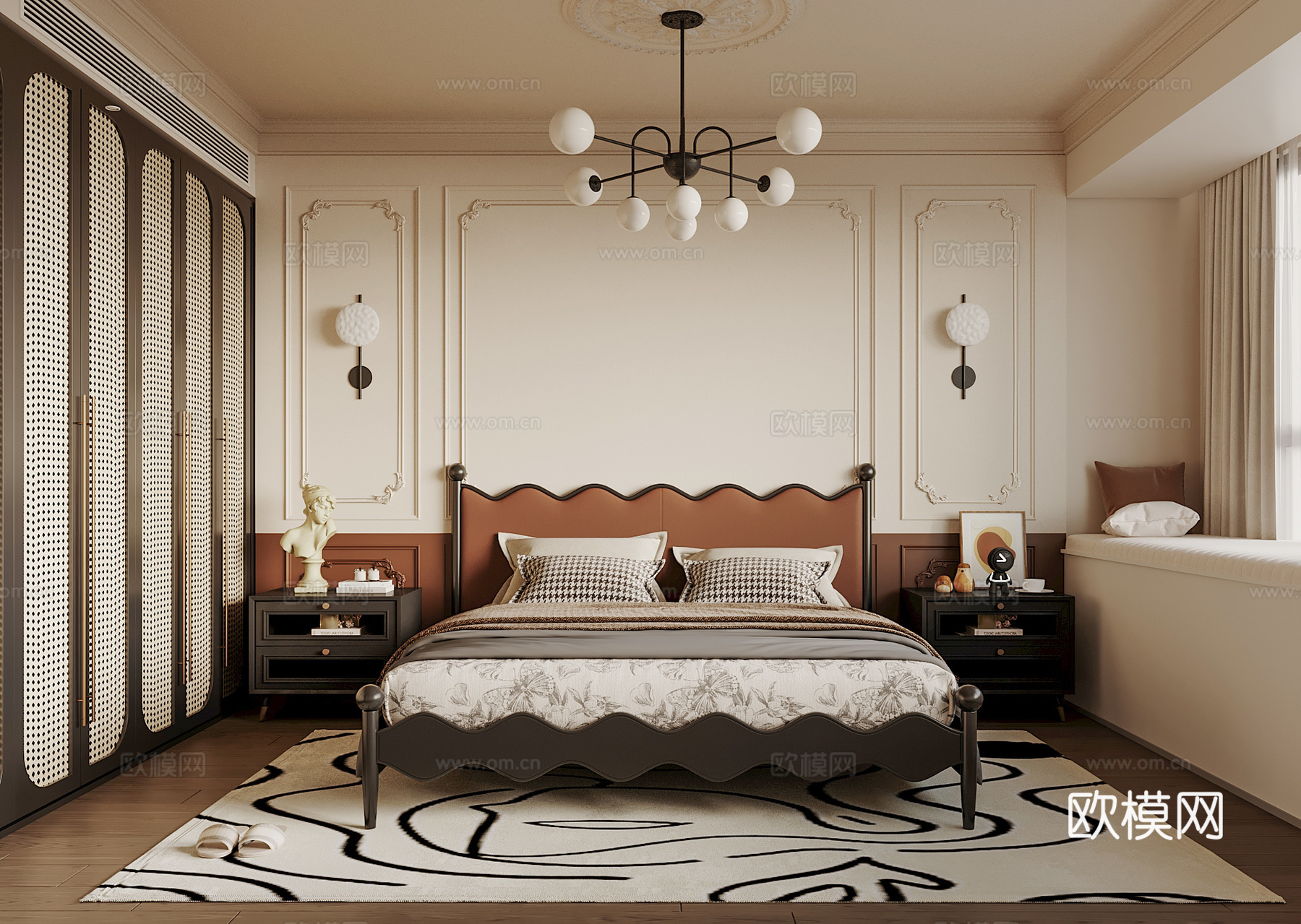 法式复古主卧卧室 复古床头背景 双人床 梳妆台 床头柜3d模型下载