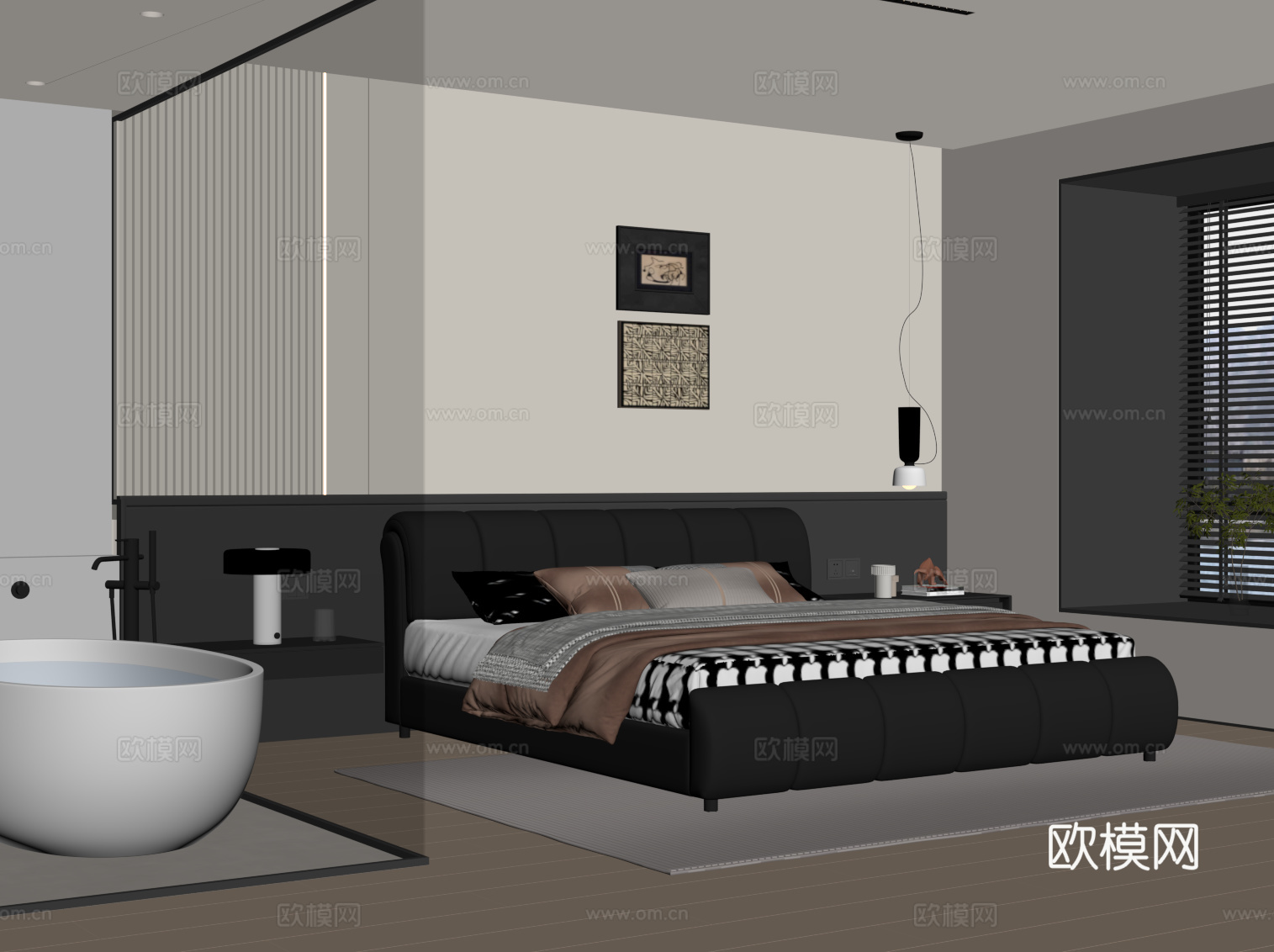现代意式卧室 双人床su模型