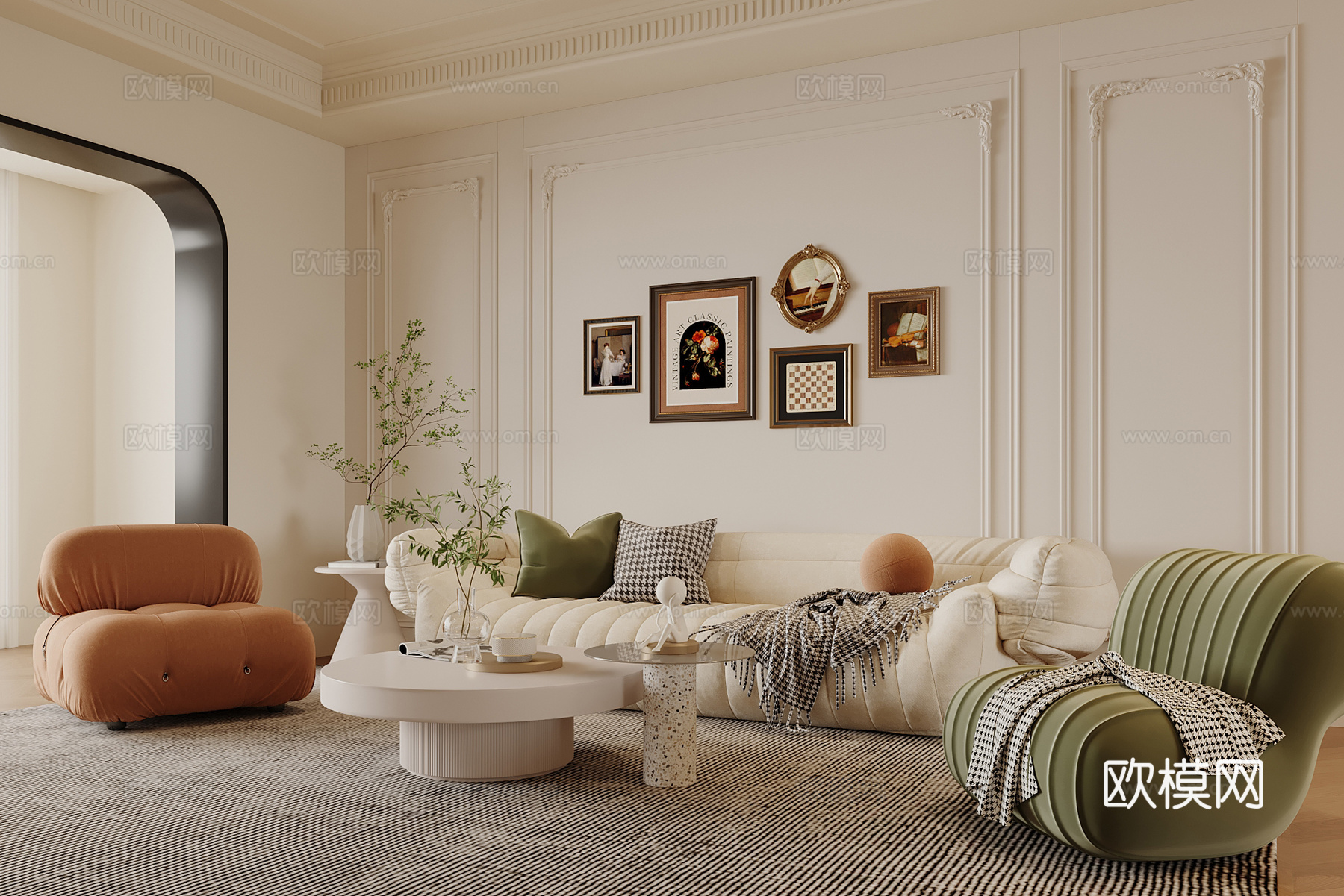 法式奶油风客厅 家居客厅 法式沙发茶几组合su模型