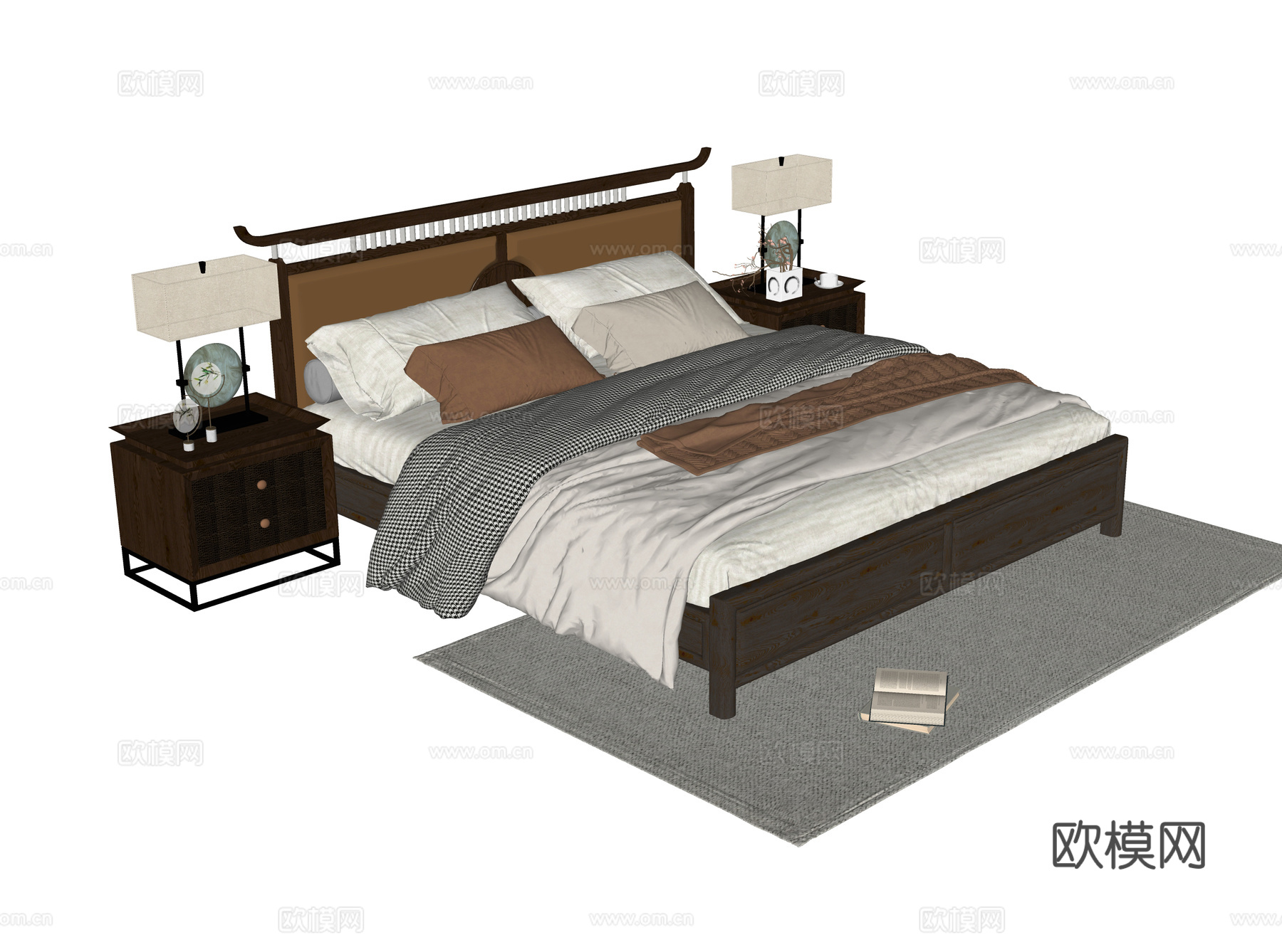 新中式双人床 床头柜su模型