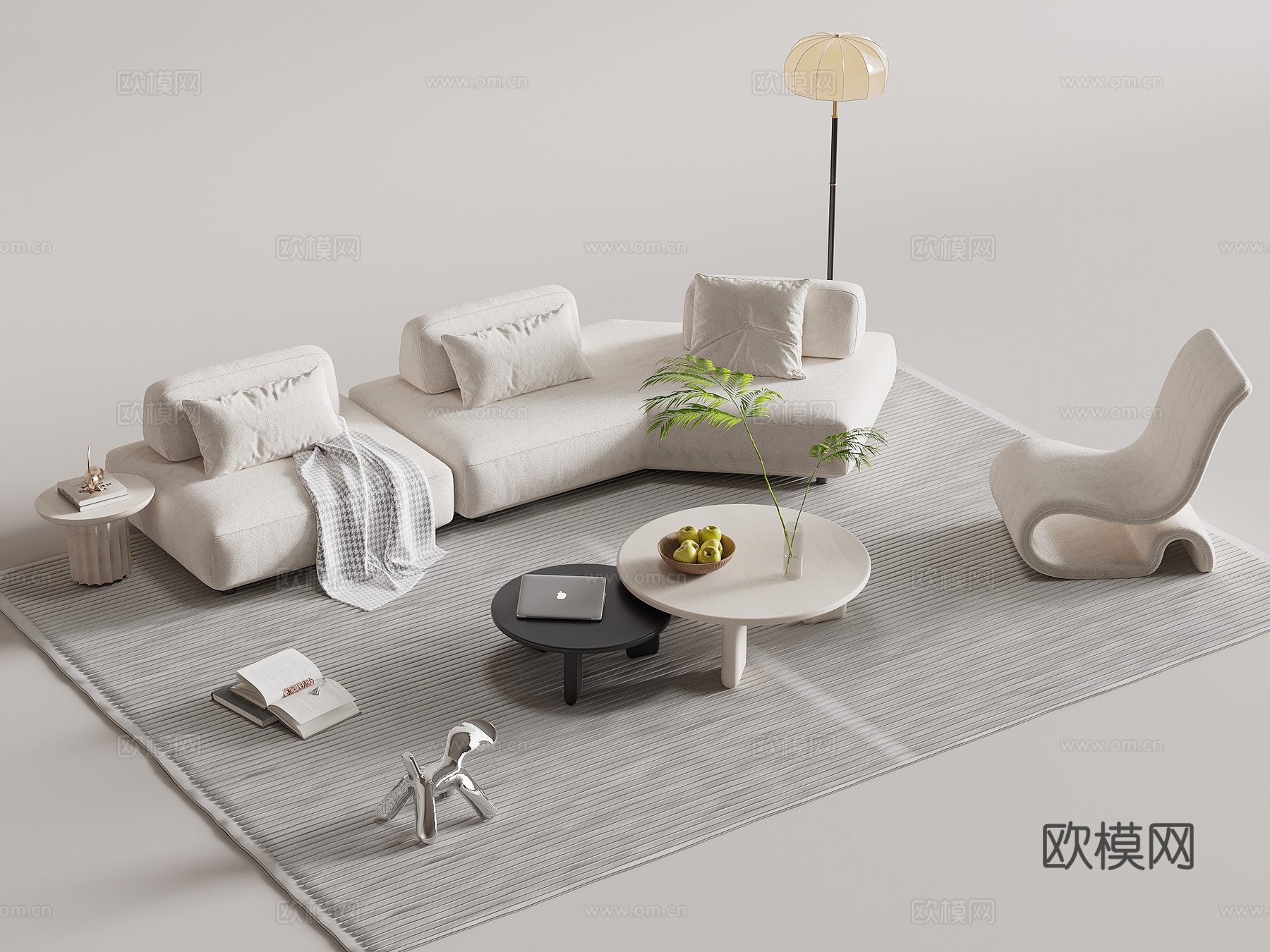 现代奶油风沙发茶几组合su模型