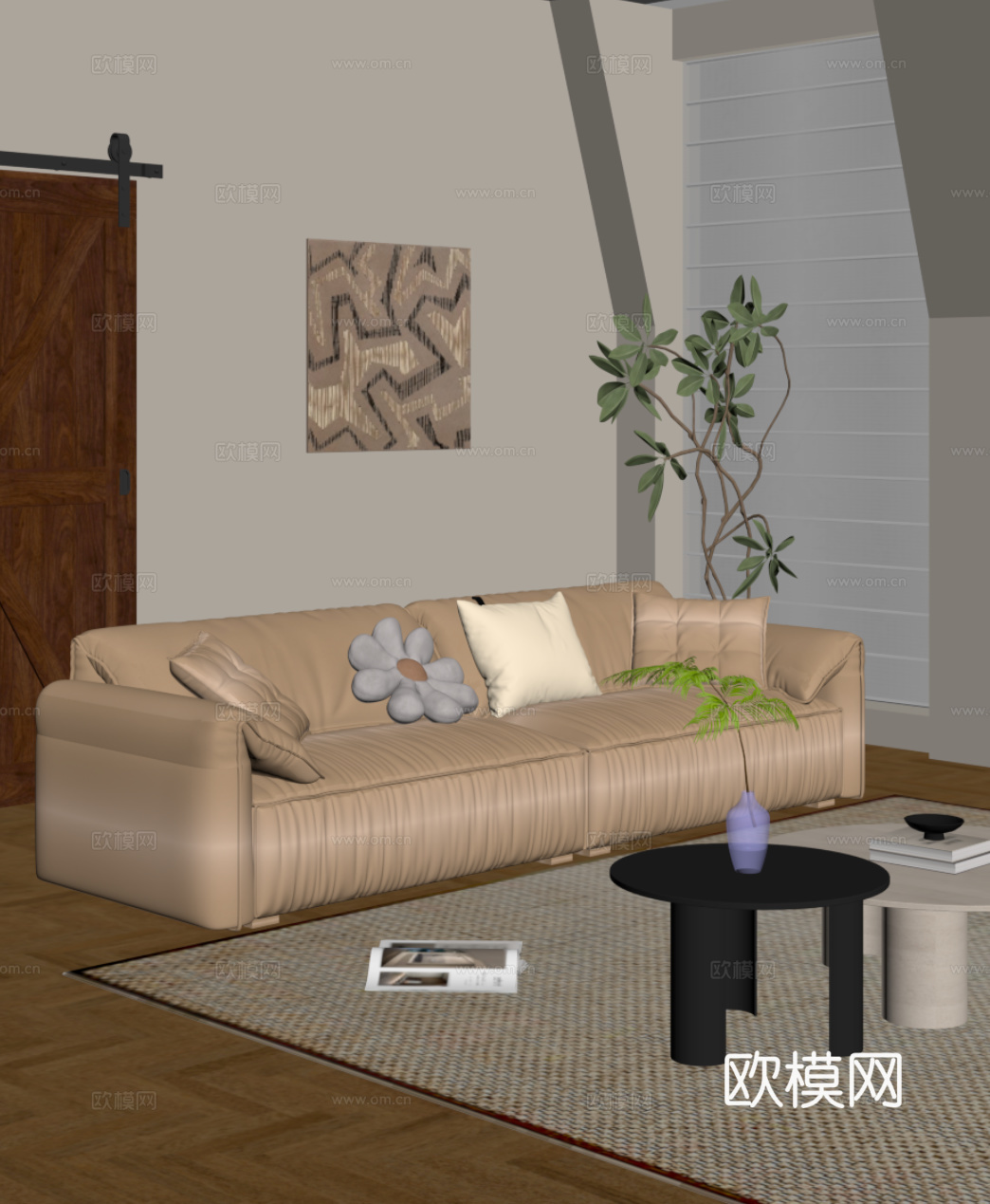 现代奶油风沙发 多人沙发 直排沙发su模型