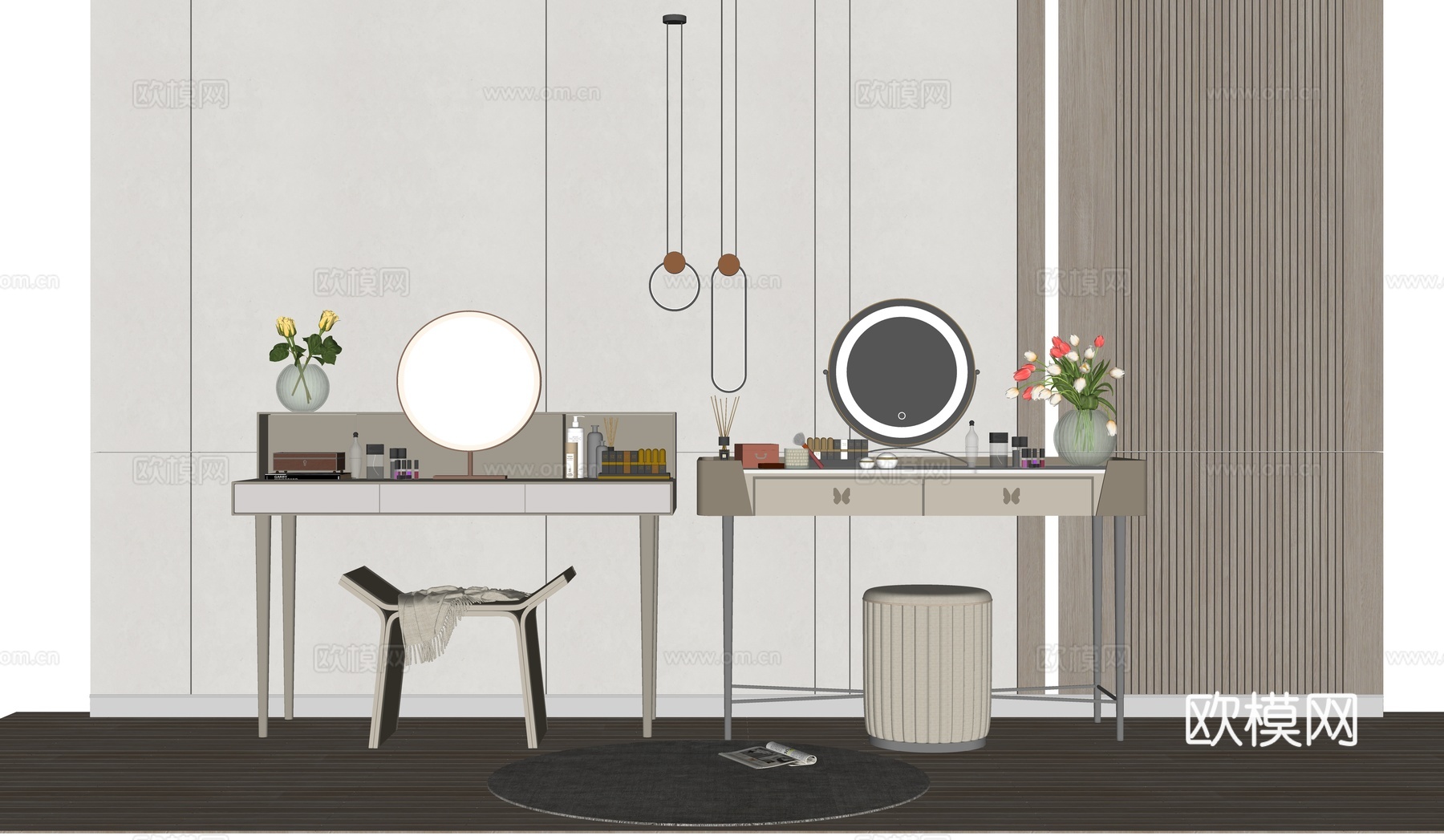 现代梳妆台 摆件 镜子 沙发凳su模型