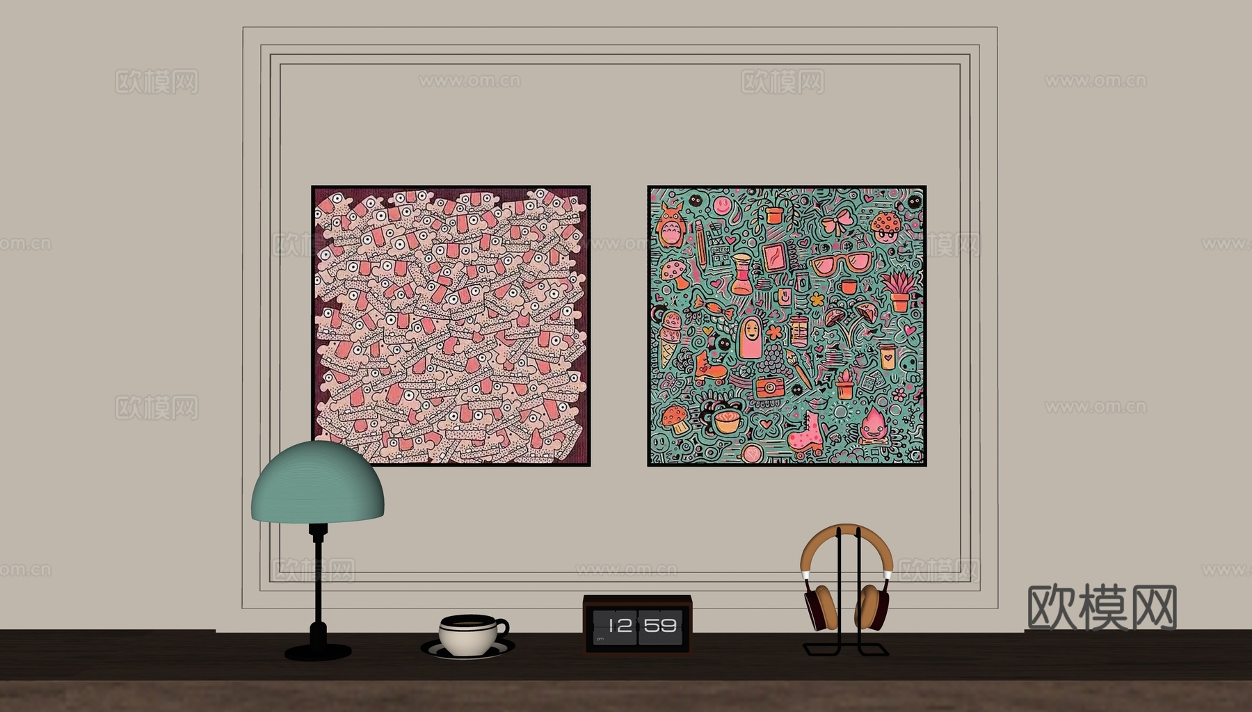 现代中古风装饰画su模型