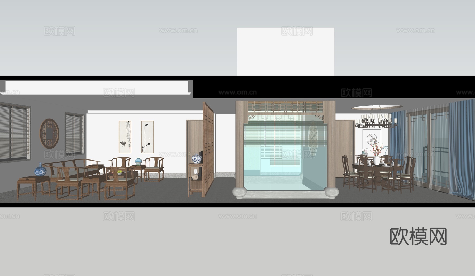 中式别墅客餐厅su模型