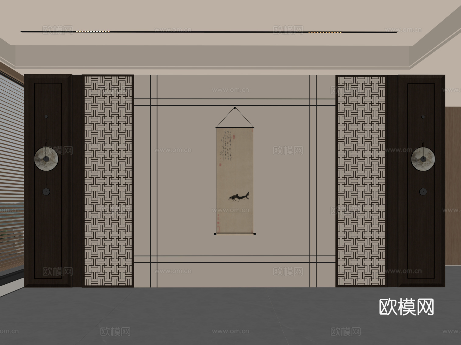 新中式背景墙su模型