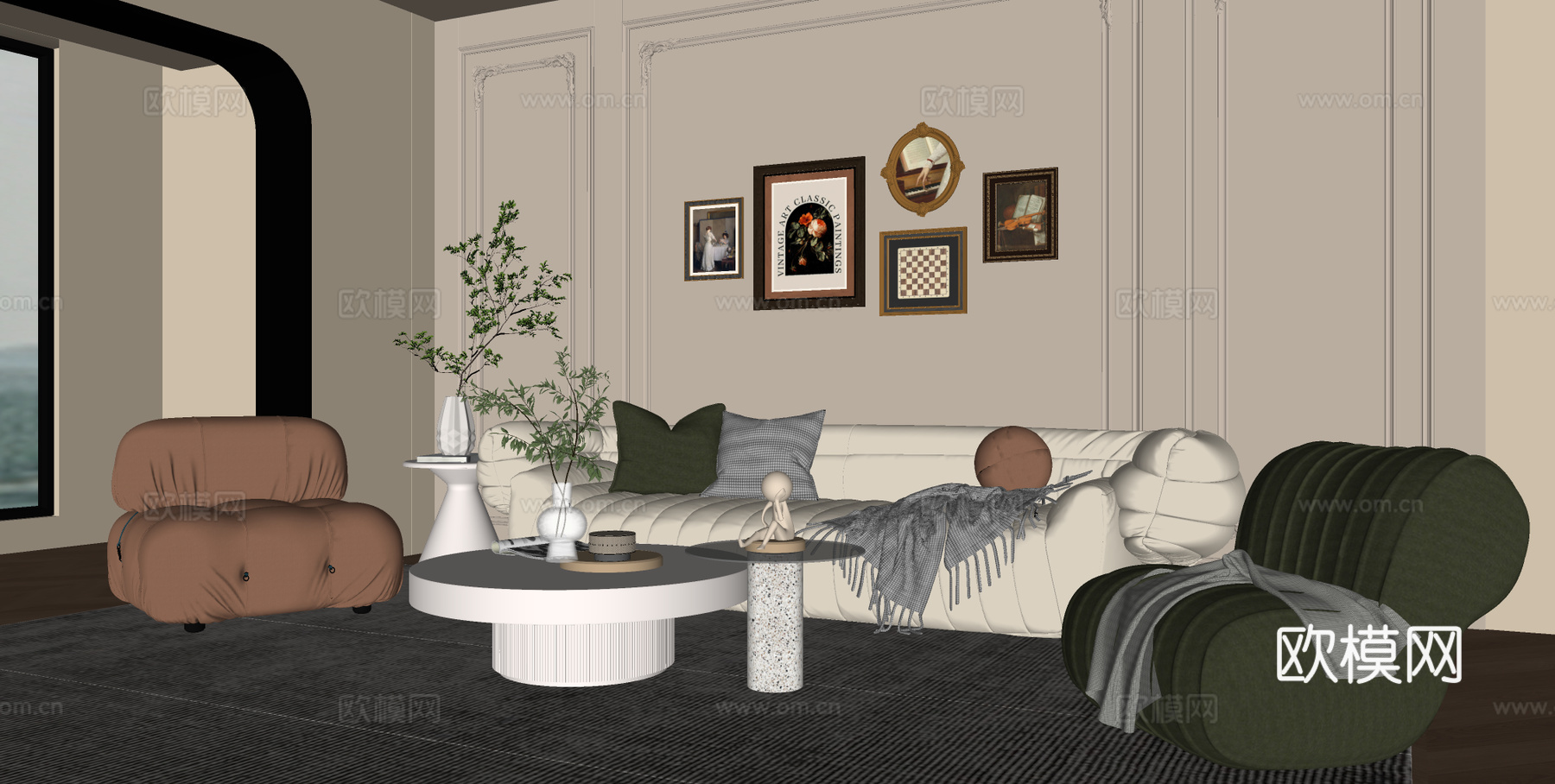 法式奶油风客厅 家居客厅 法式沙发茶几组合su模型