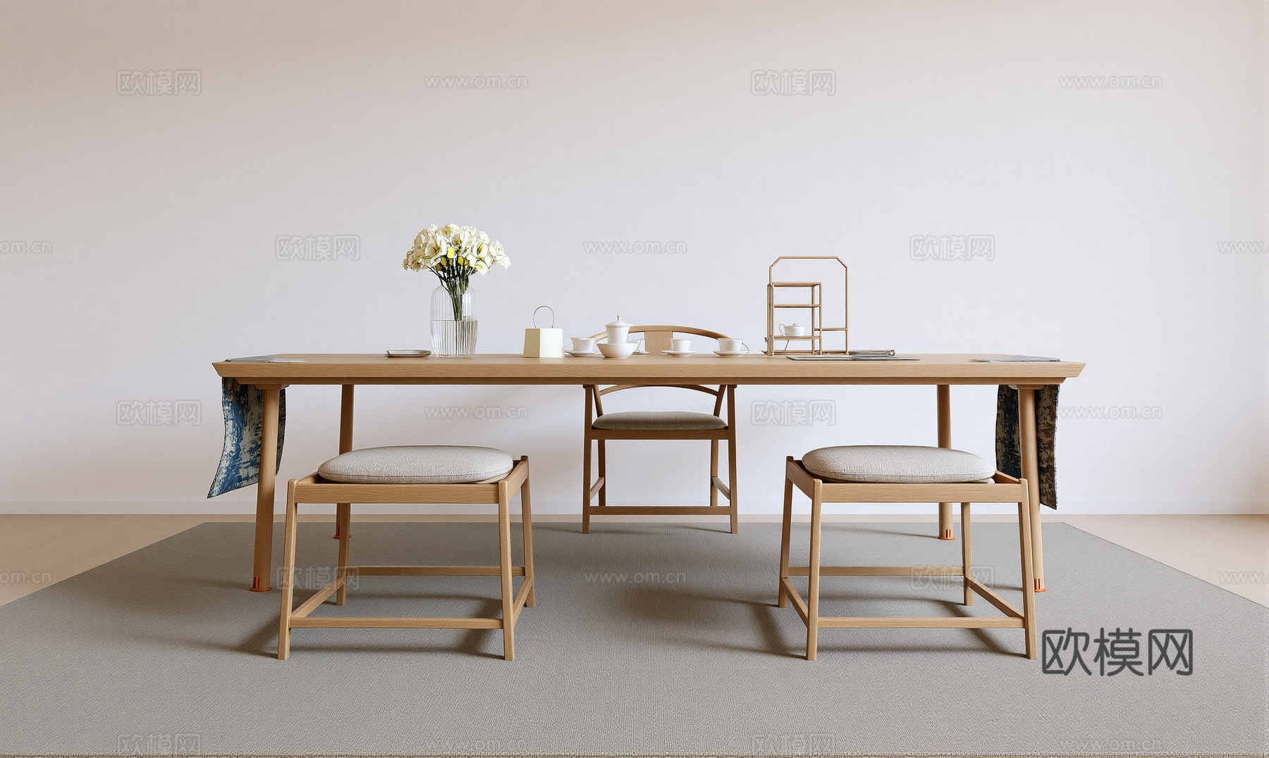 中式风格茶室_茶台桌椅_装饰摆件su模型