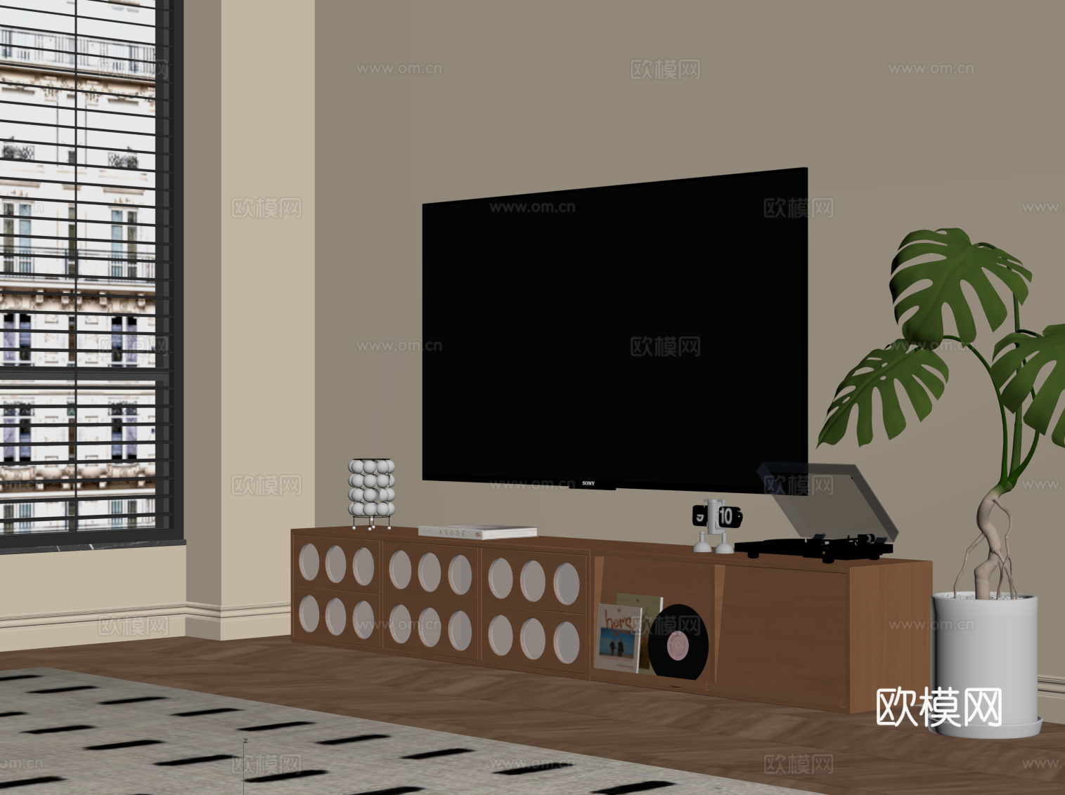 中古风电视柜 边柜 地柜 电视 绿植盆栽su模型下载（渲染图2）