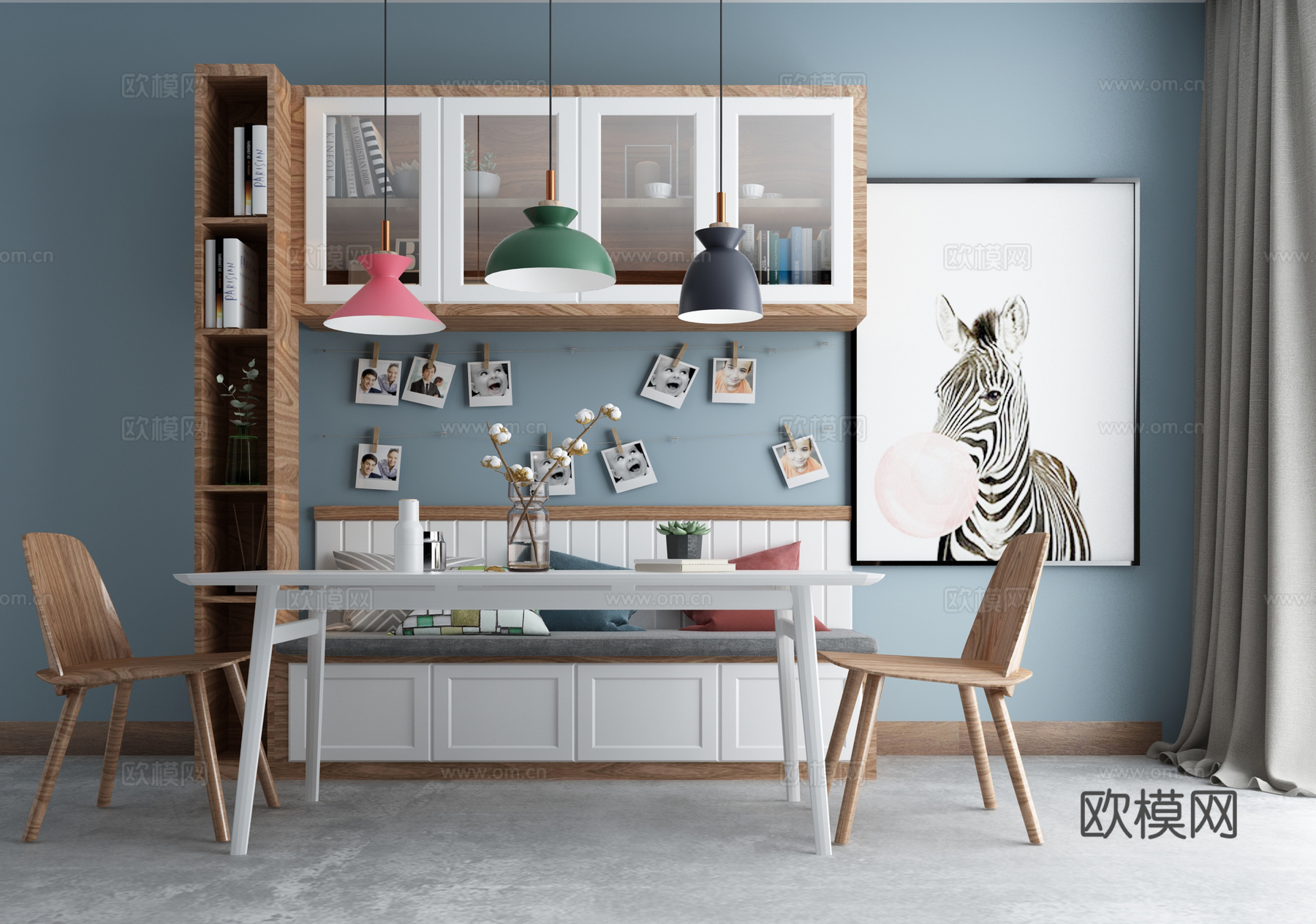北欧餐厅餐桌椅 现代个性化吊灯壁柜装饰柜3d模型下载（渲染图2）