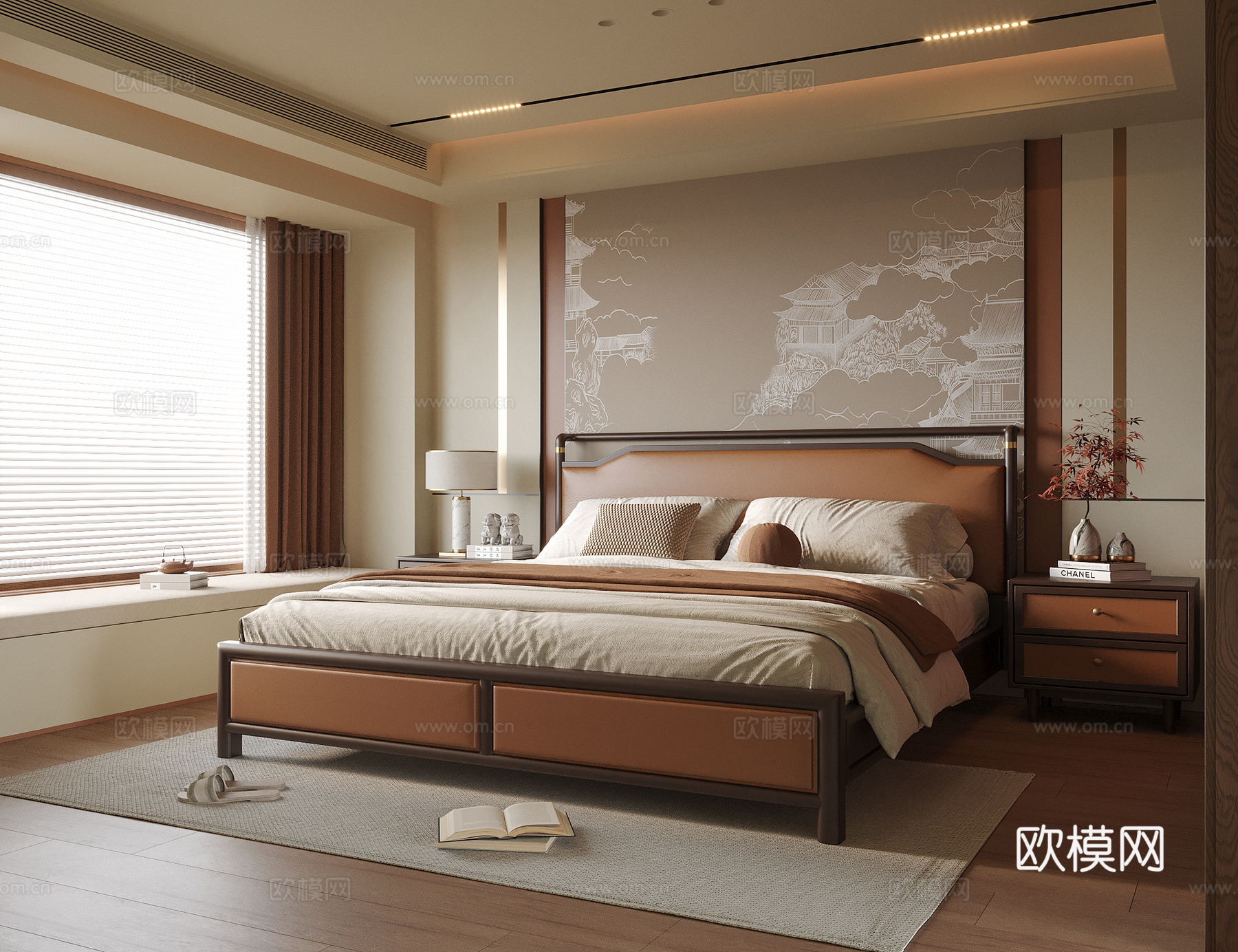 新中式卧室 双人床su模型