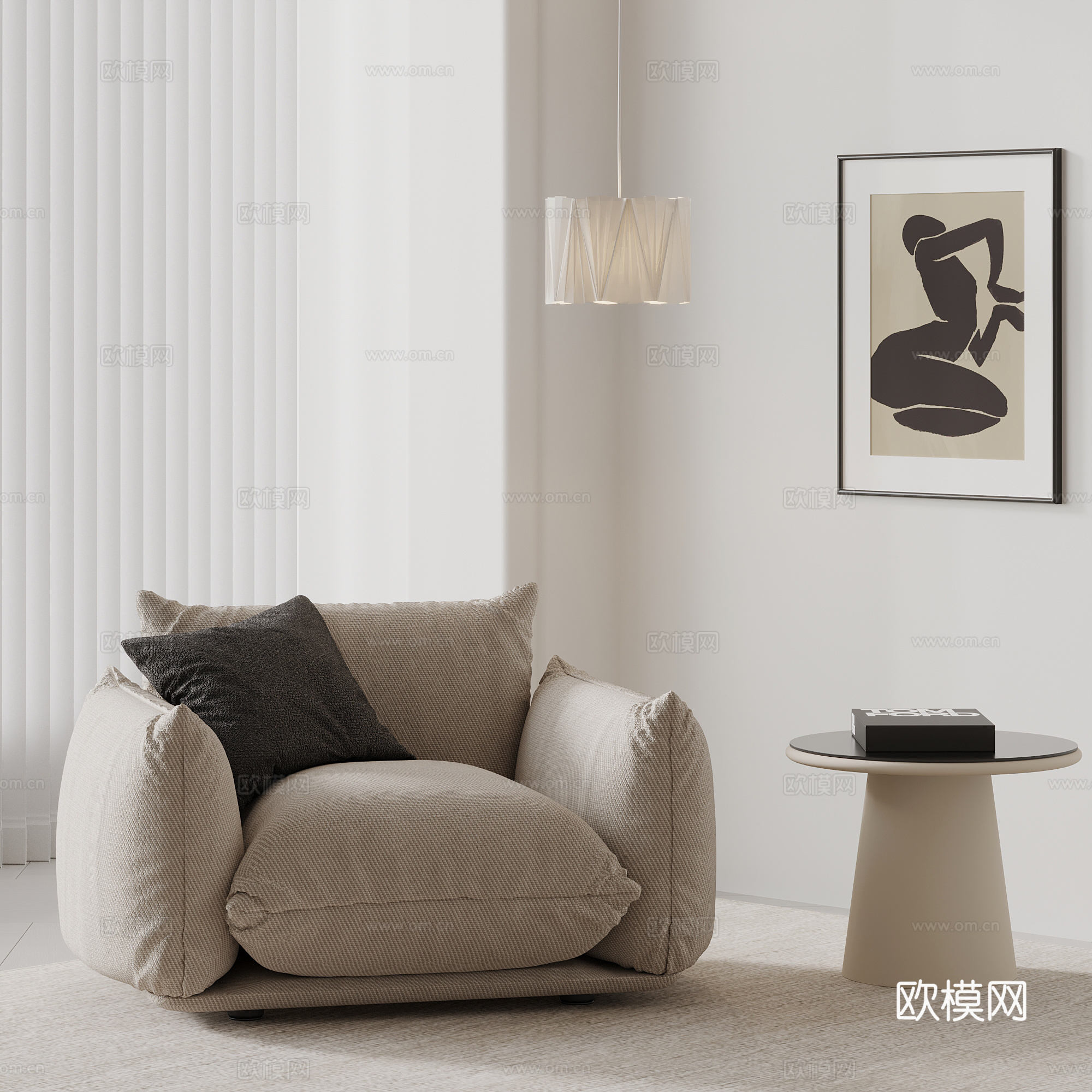 现代单人沙发 休闲沙发 边几su模型