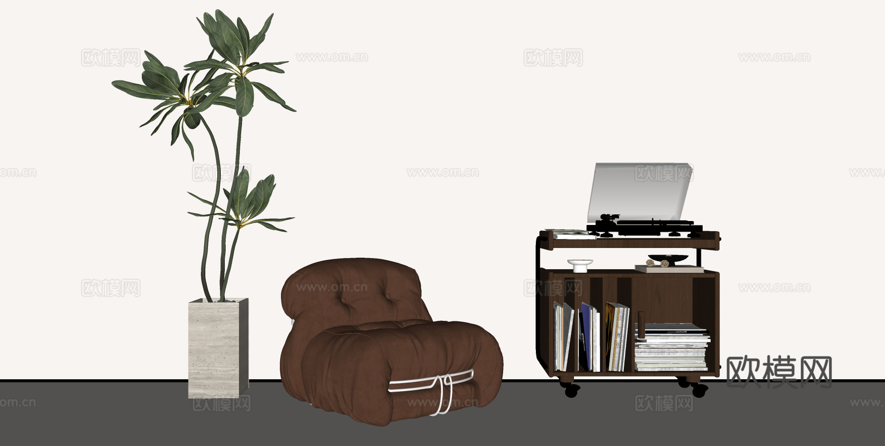 法式休闲沙发 活动边柜 绿植摆件su模型