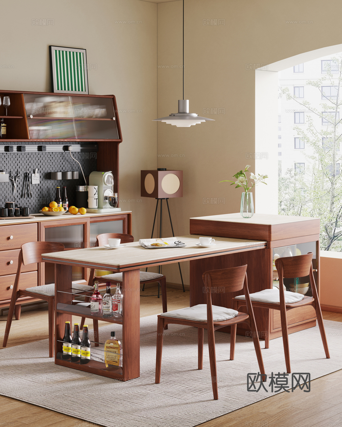 中古风岛台餐桌椅 实木餐边柜 岛台餐桌椅3d模型下载