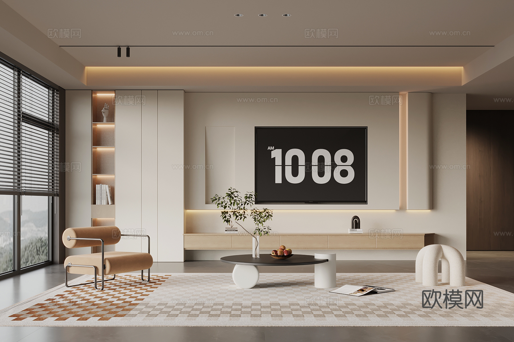 现代奶油风客厅 电视背景墙 沙发茶几组合su模型