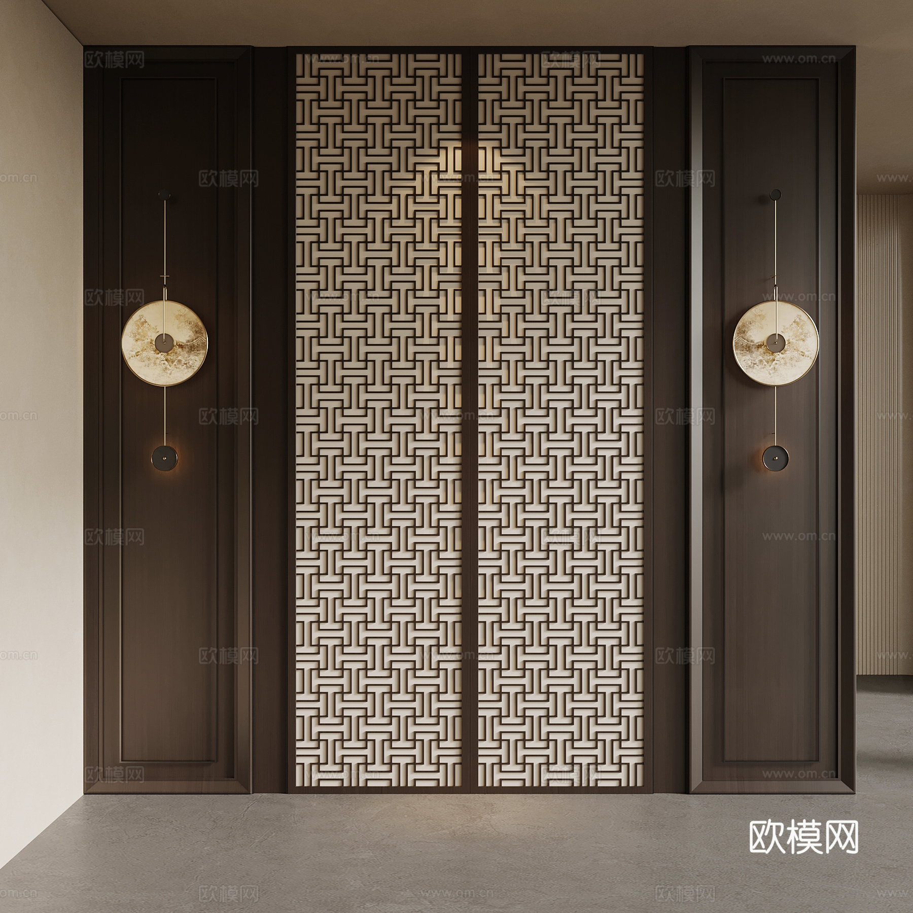 新中式玄关 入户装饰性隔断su模型