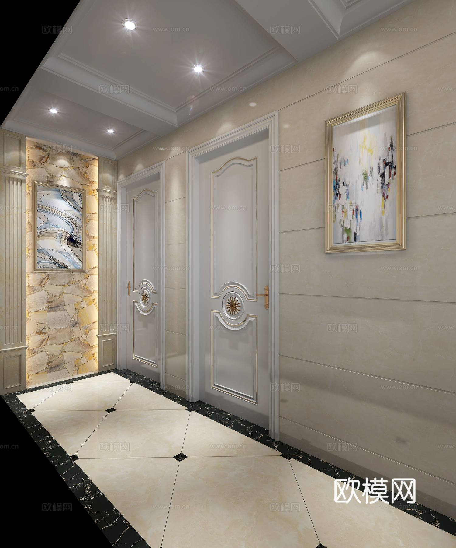 简欧现代过道 艺术挂画欧式花纹墙布艺术涂料3d模型下载
