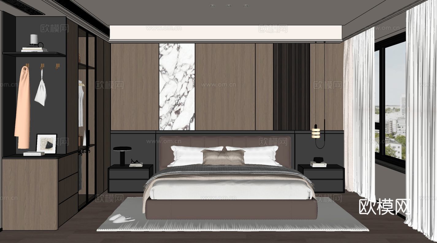 现代意式家居卧室 卧室衣柜  床头背景墙   意式双人床su模型
