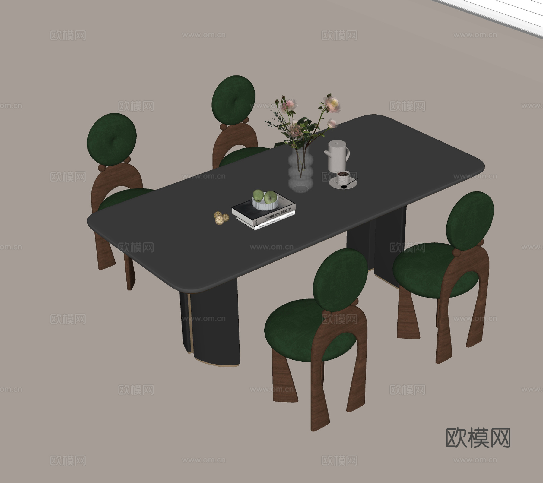 现代餐桌椅组合 实木餐桌 布艺餐椅 花瓶花束su模型