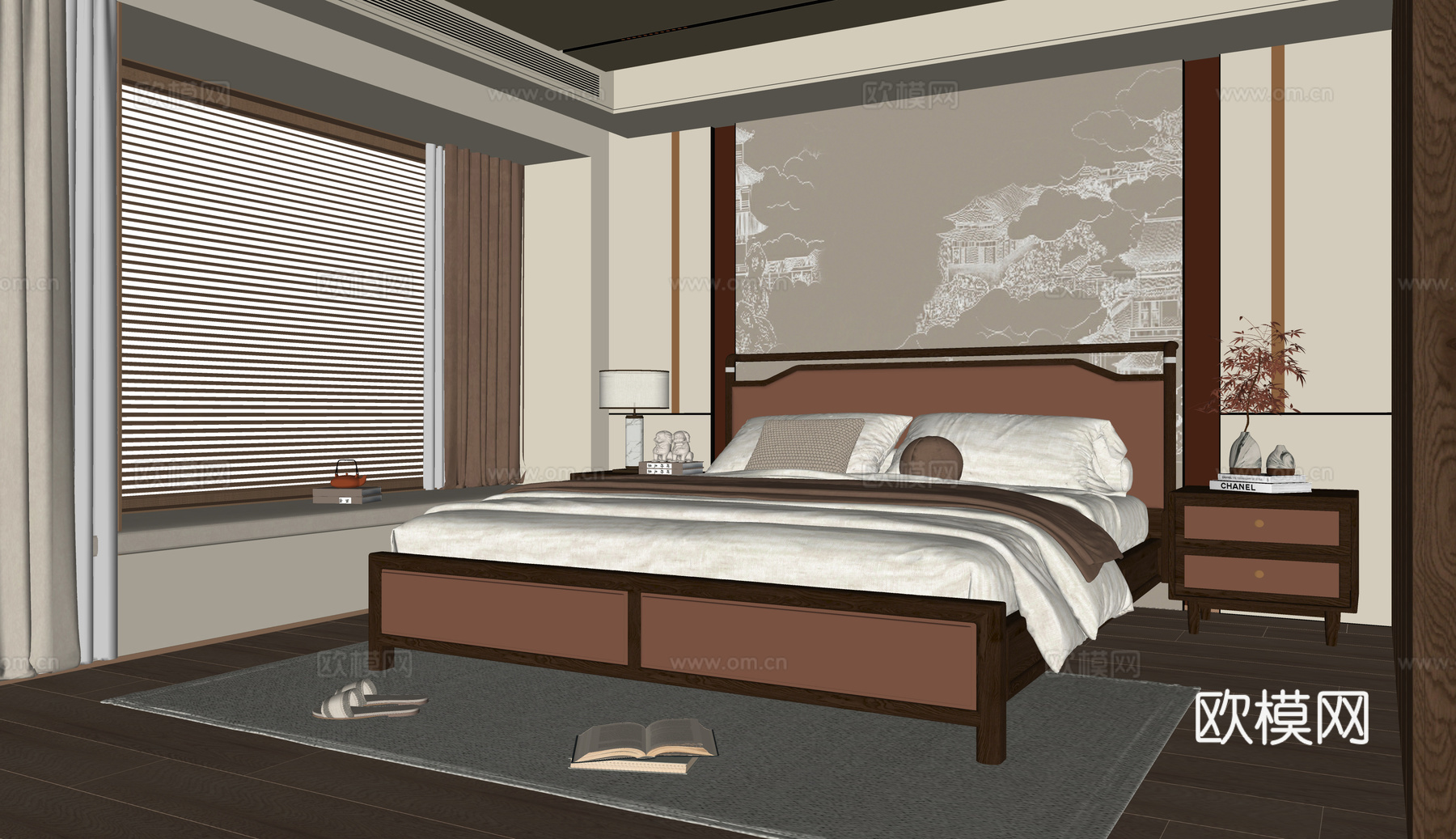 新中式卧室 双人床su模型