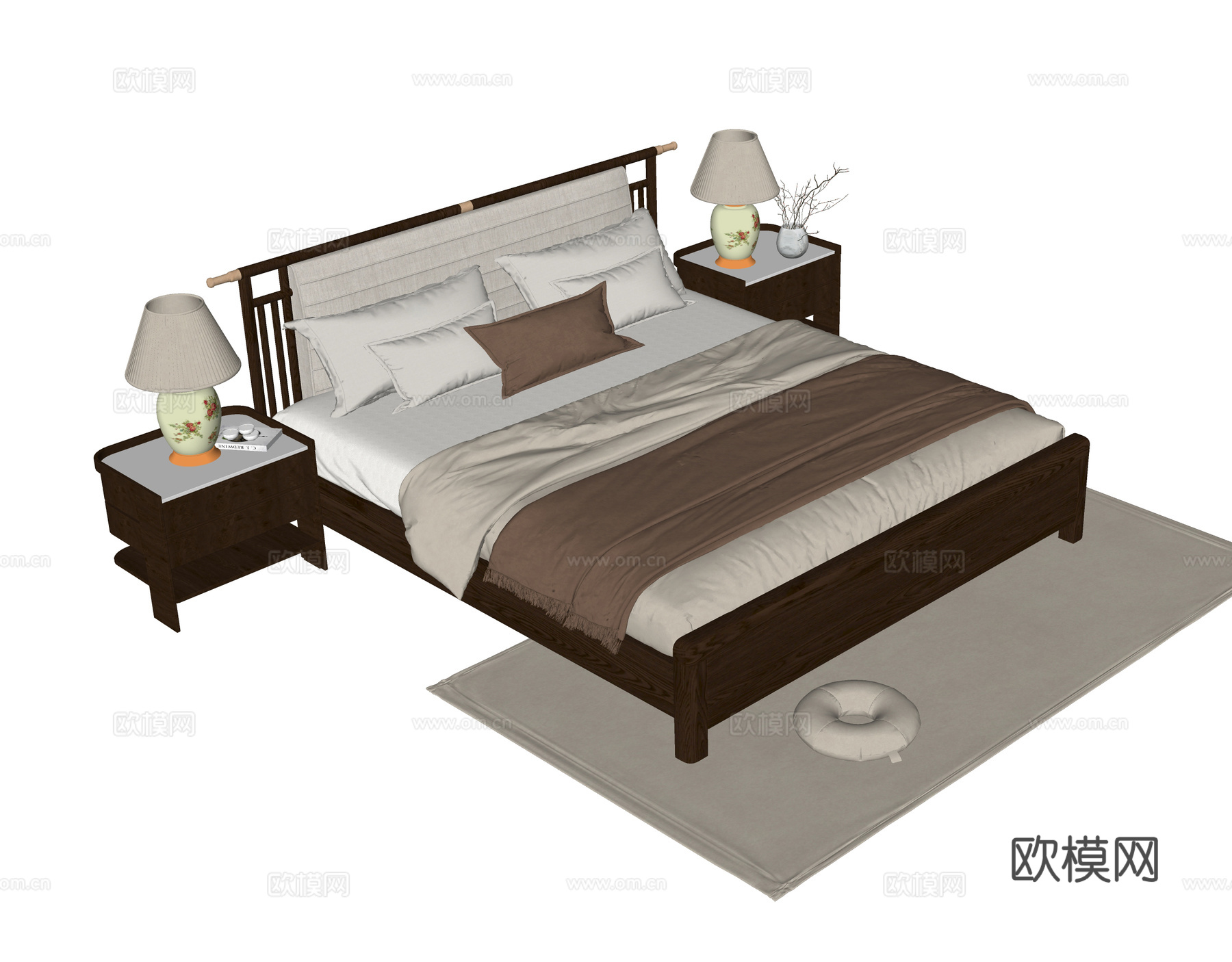 现代双人床 床头柜su模型