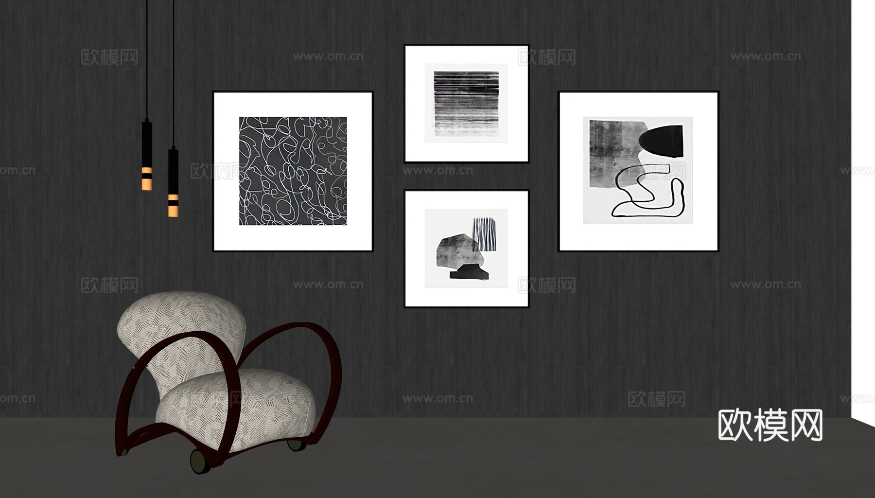 现代极简组合挂画su模型