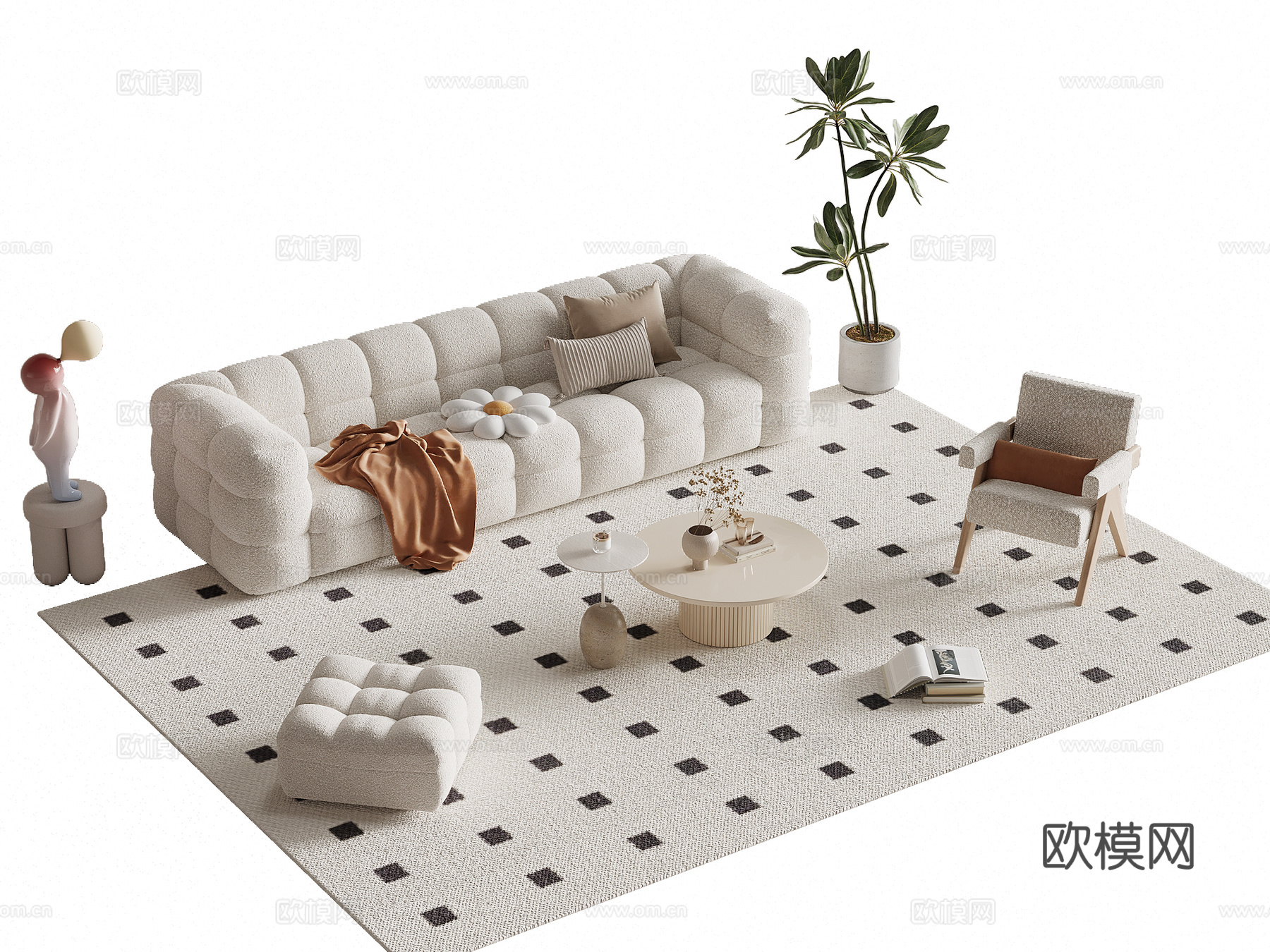 现代奶油风沙发茶几组合su模型