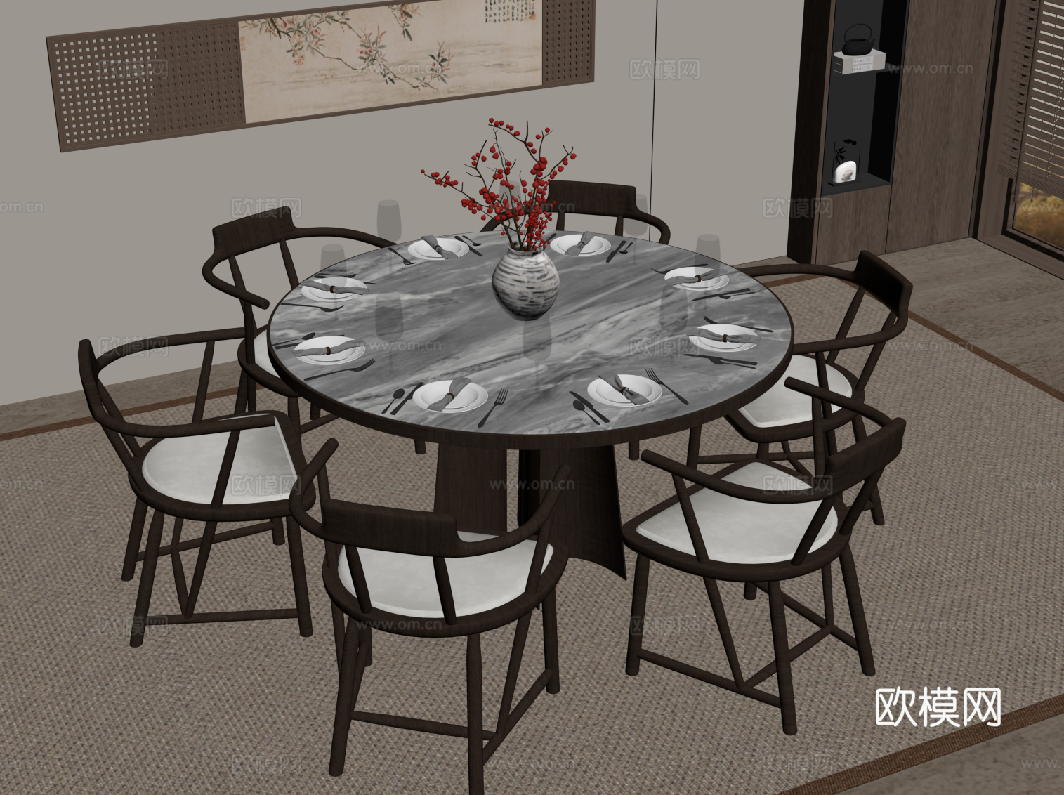 新中式餐桌椅 实木圆桌su模型