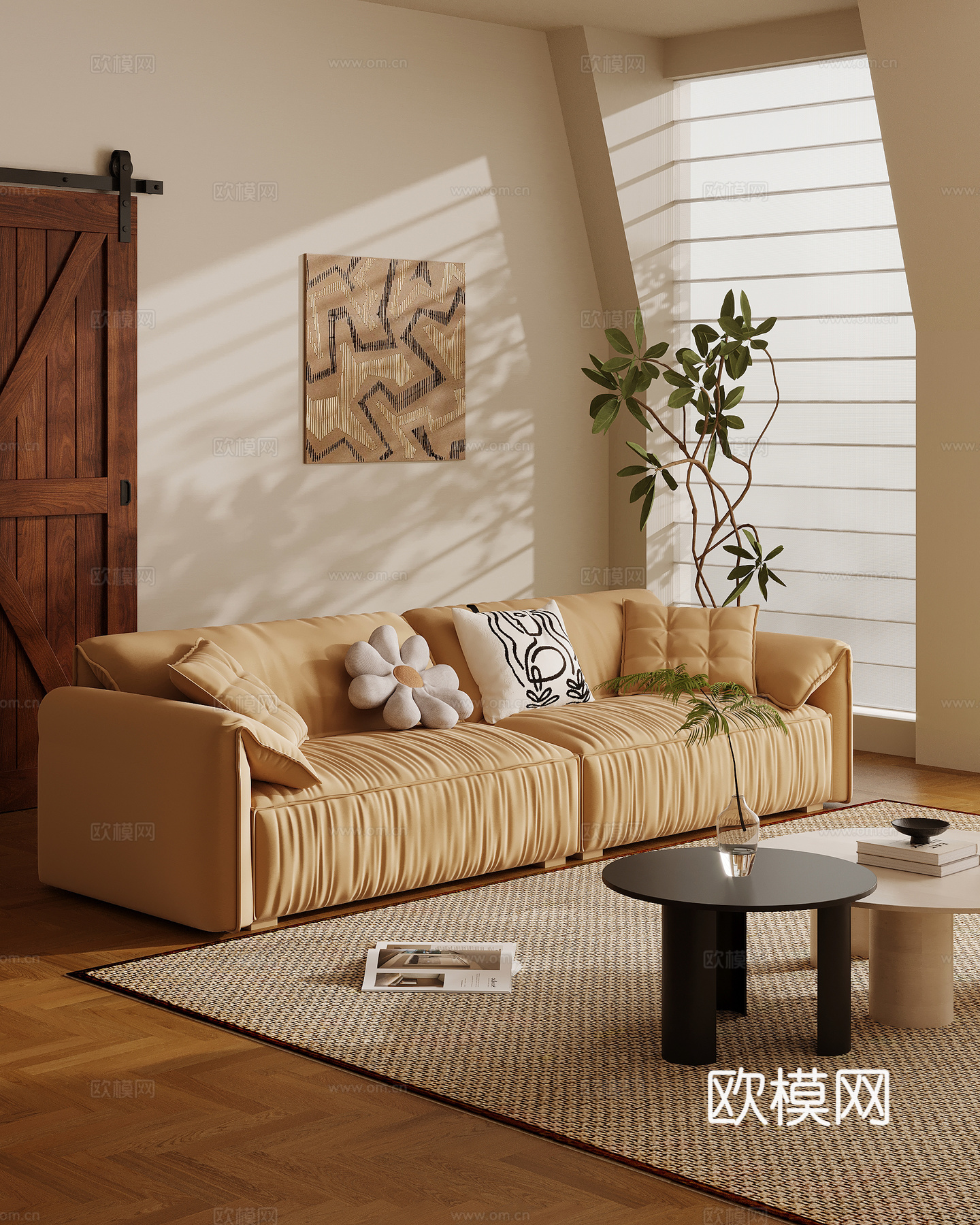 现代奶油风沙发 多人沙发 直排沙发su模型