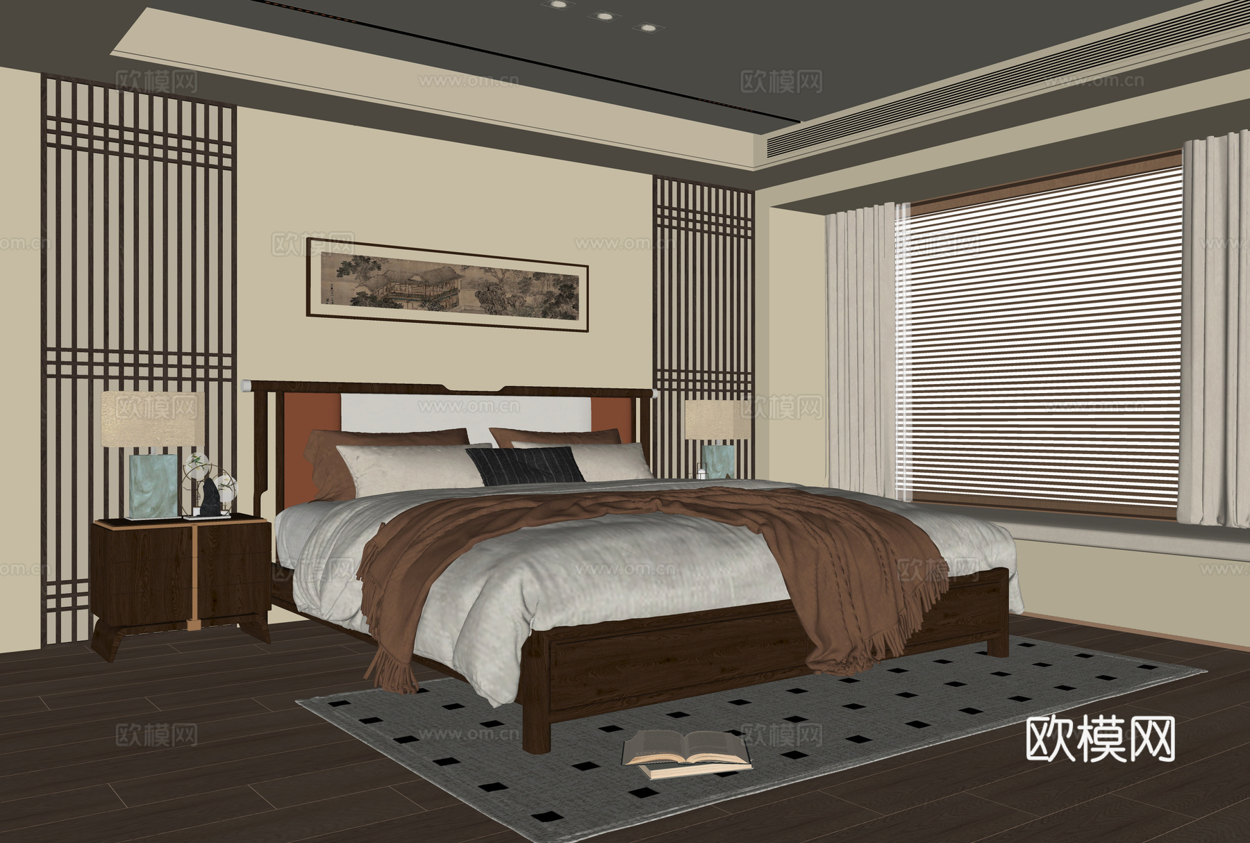 宋式卧室 双人床 床头柜su模型