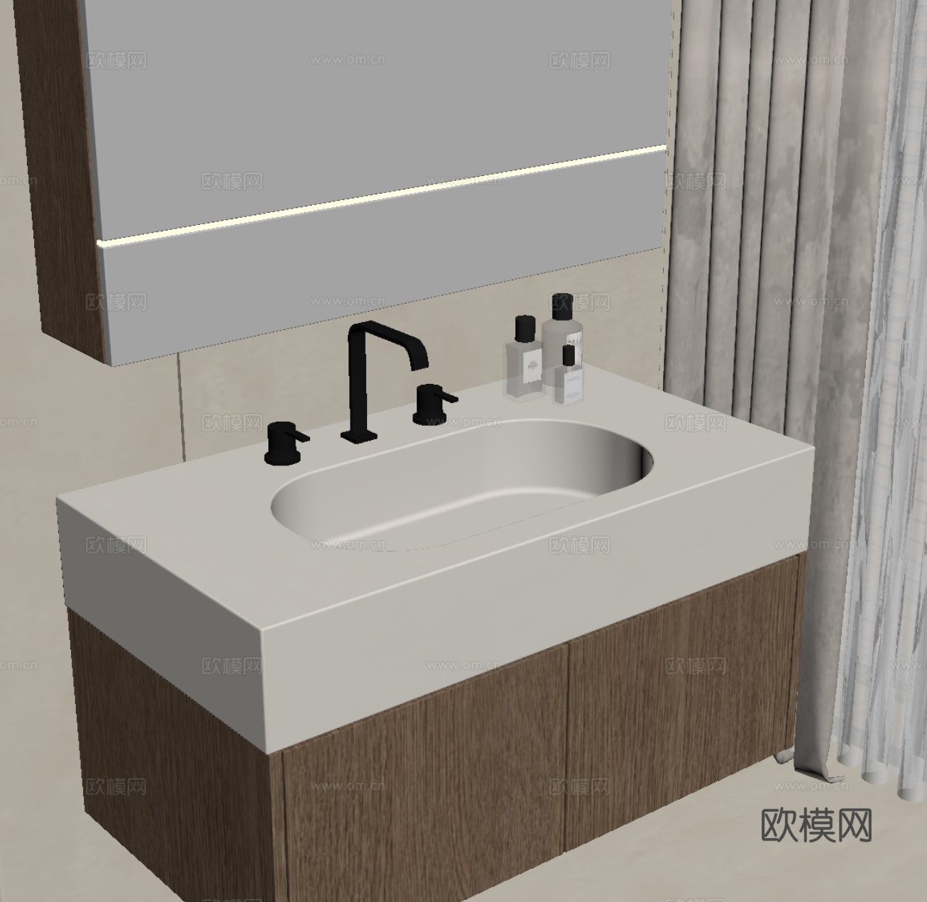 现代奶油风浴室柜 洗手台 镜子su模型