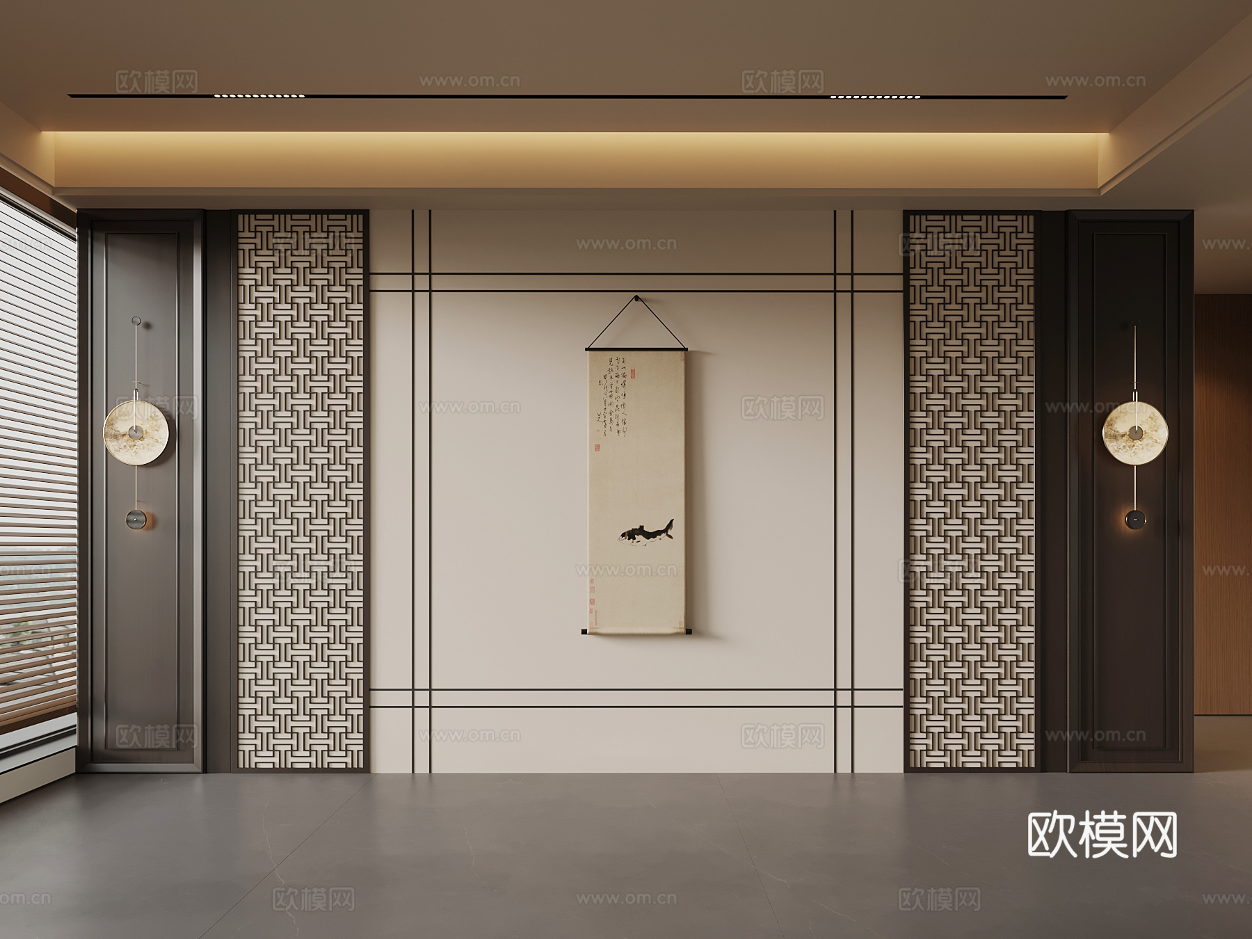 新中式背景墙su模型