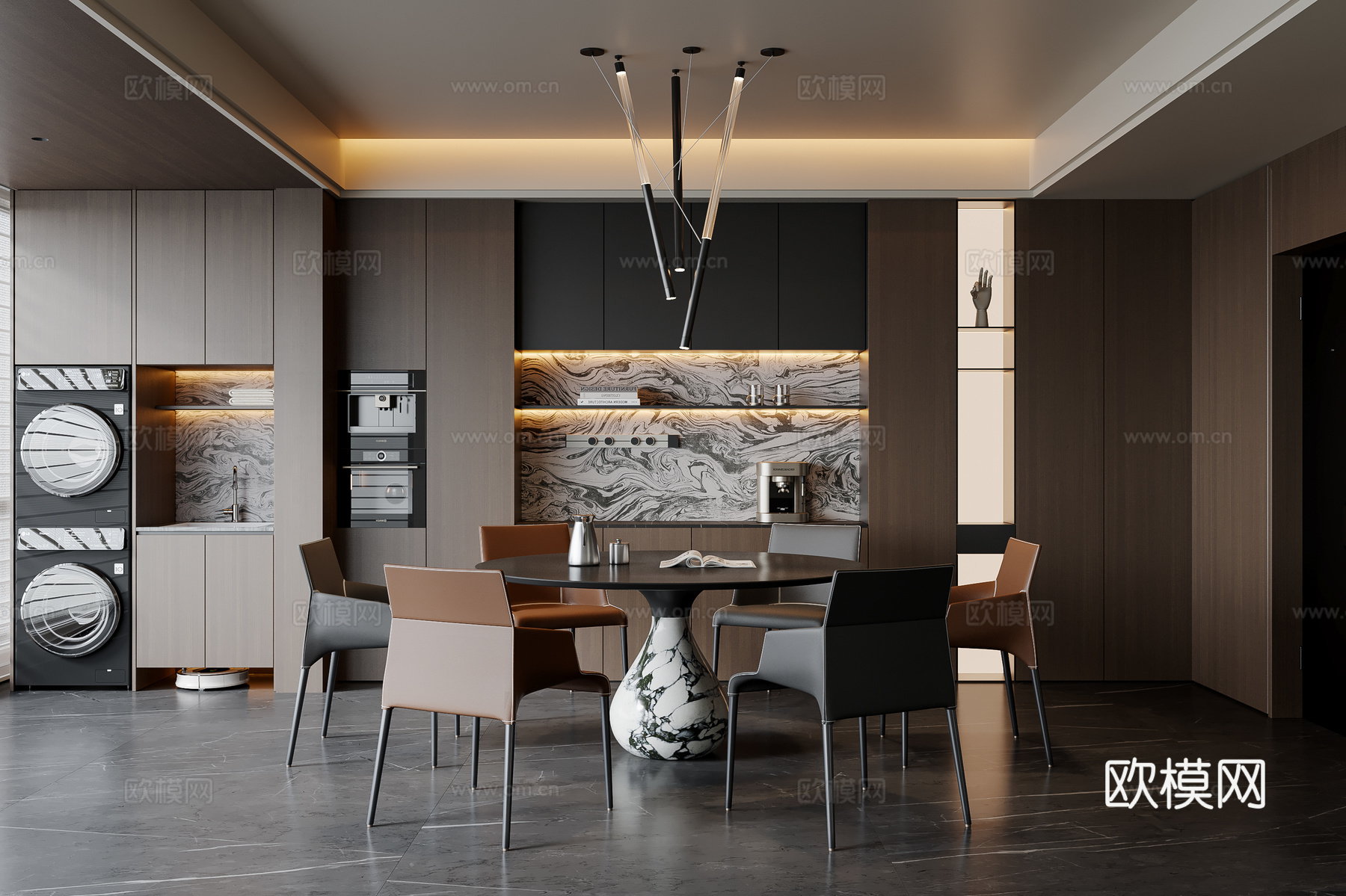 现代意式餐厅 餐桌椅 吊灯 餐边柜 酒柜3d模型下载