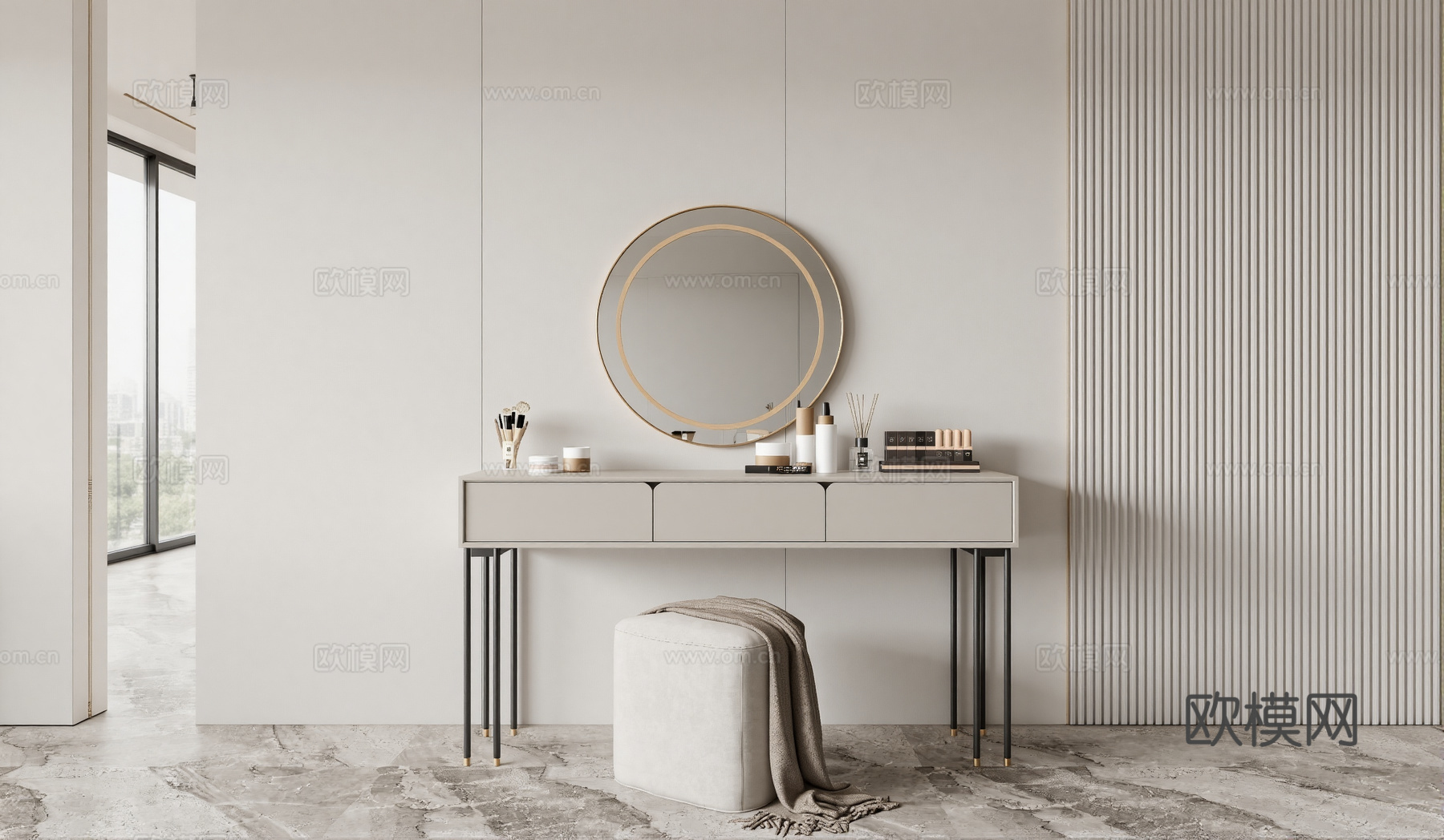现代梳妆台 摆件 镜子 沙发凳su模型