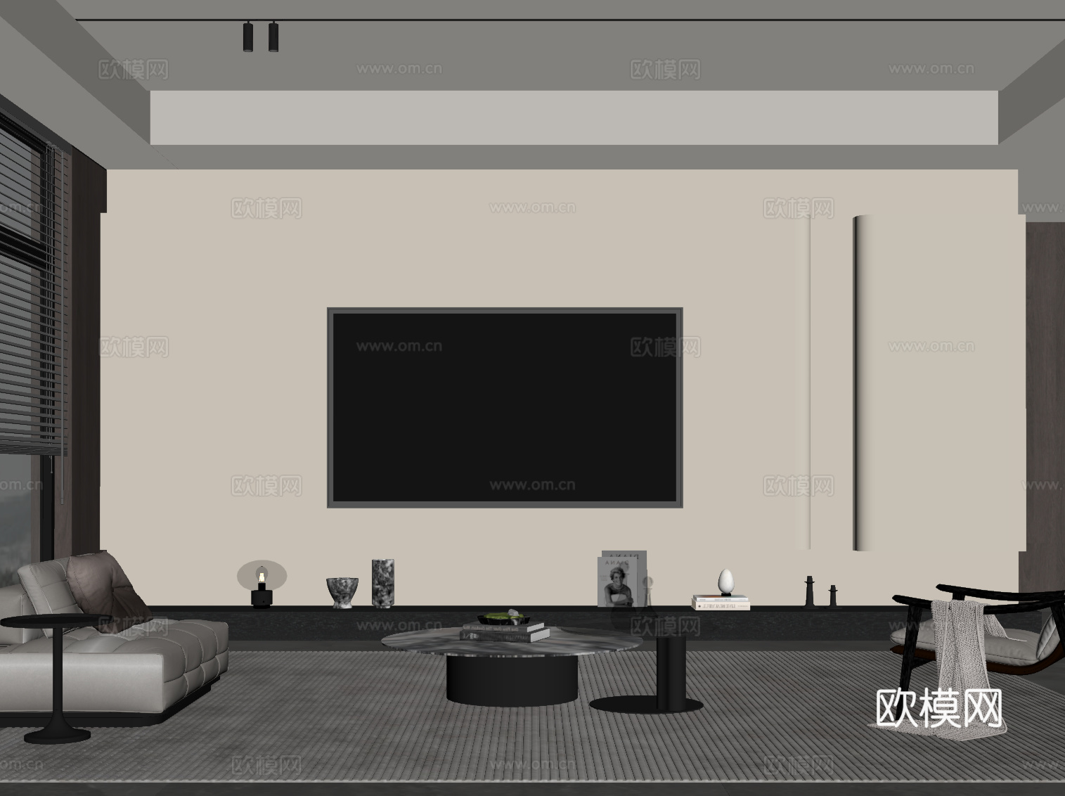 现代意式客厅 电视背景墙 沙发茶几组合su模型